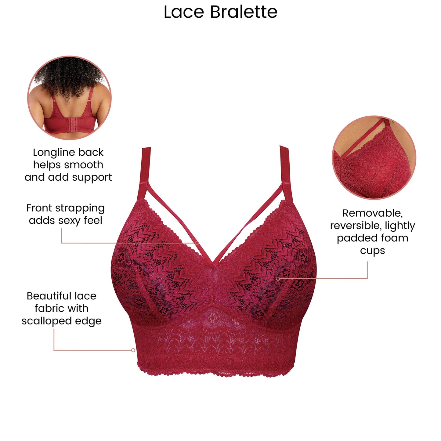 Mia Lace P5951 Women's Full Busted Lightly Padded Wire Free Bra - Rio Red
