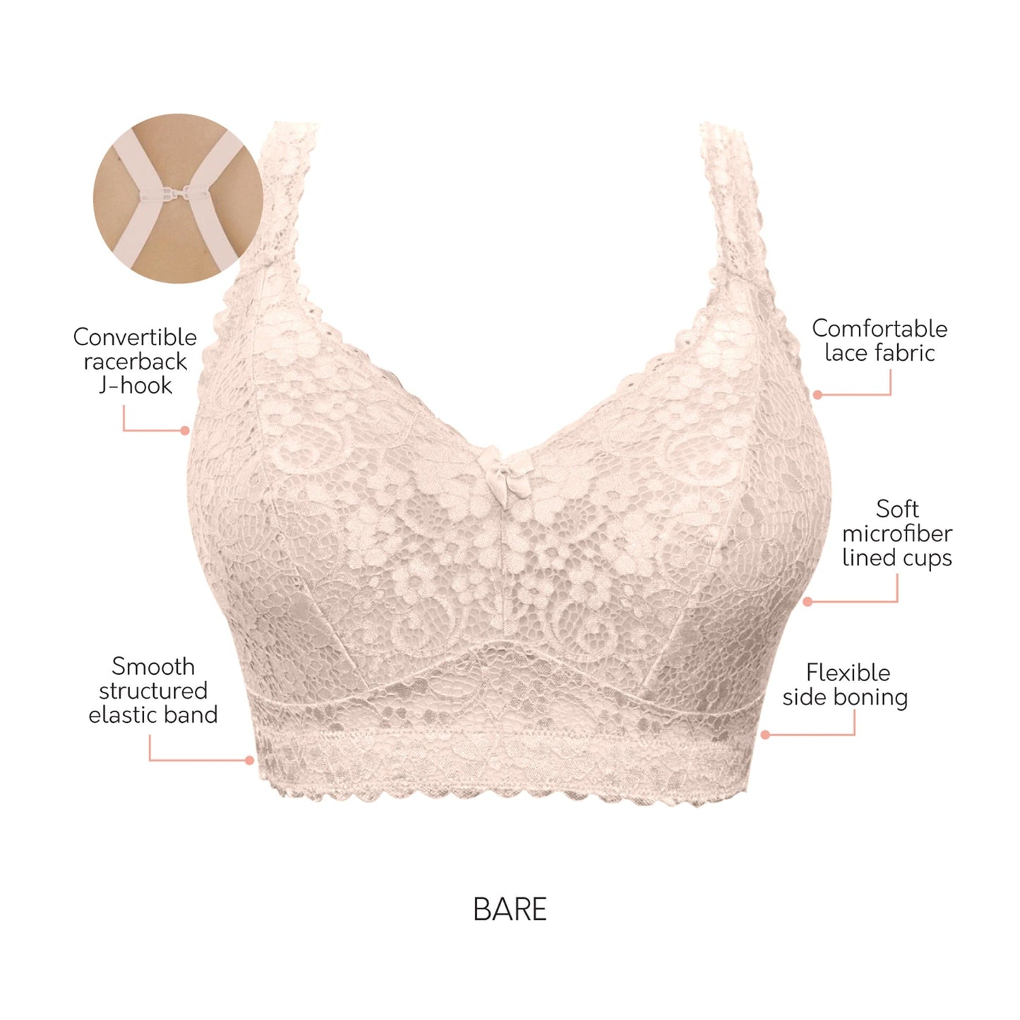 Adriana P5482 Women's Curvy and Full Bust Supportive Wire-free Lace Bra - Bare