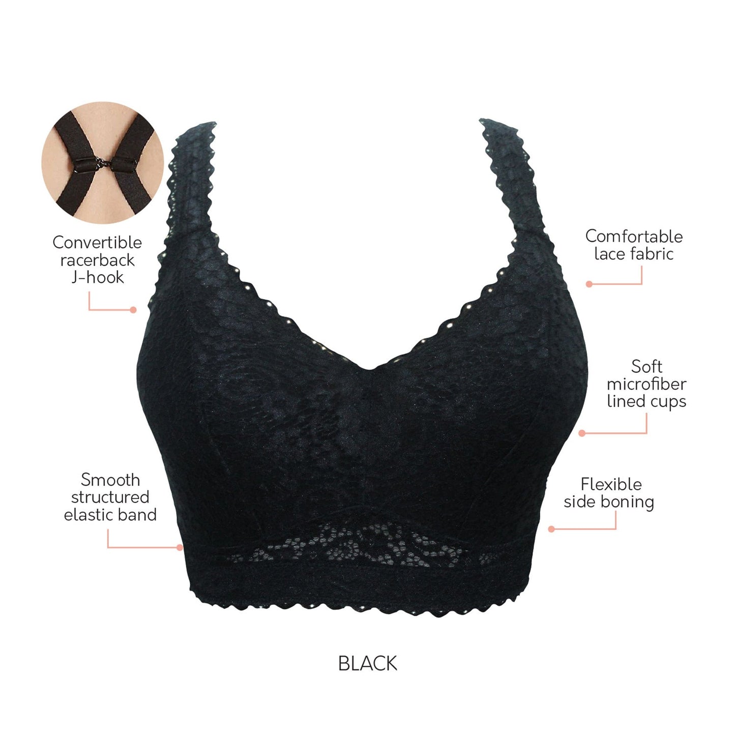 Adriana P5482 Women's Curvy and Full Bust Supportive Wire-free Lace Bra - Black