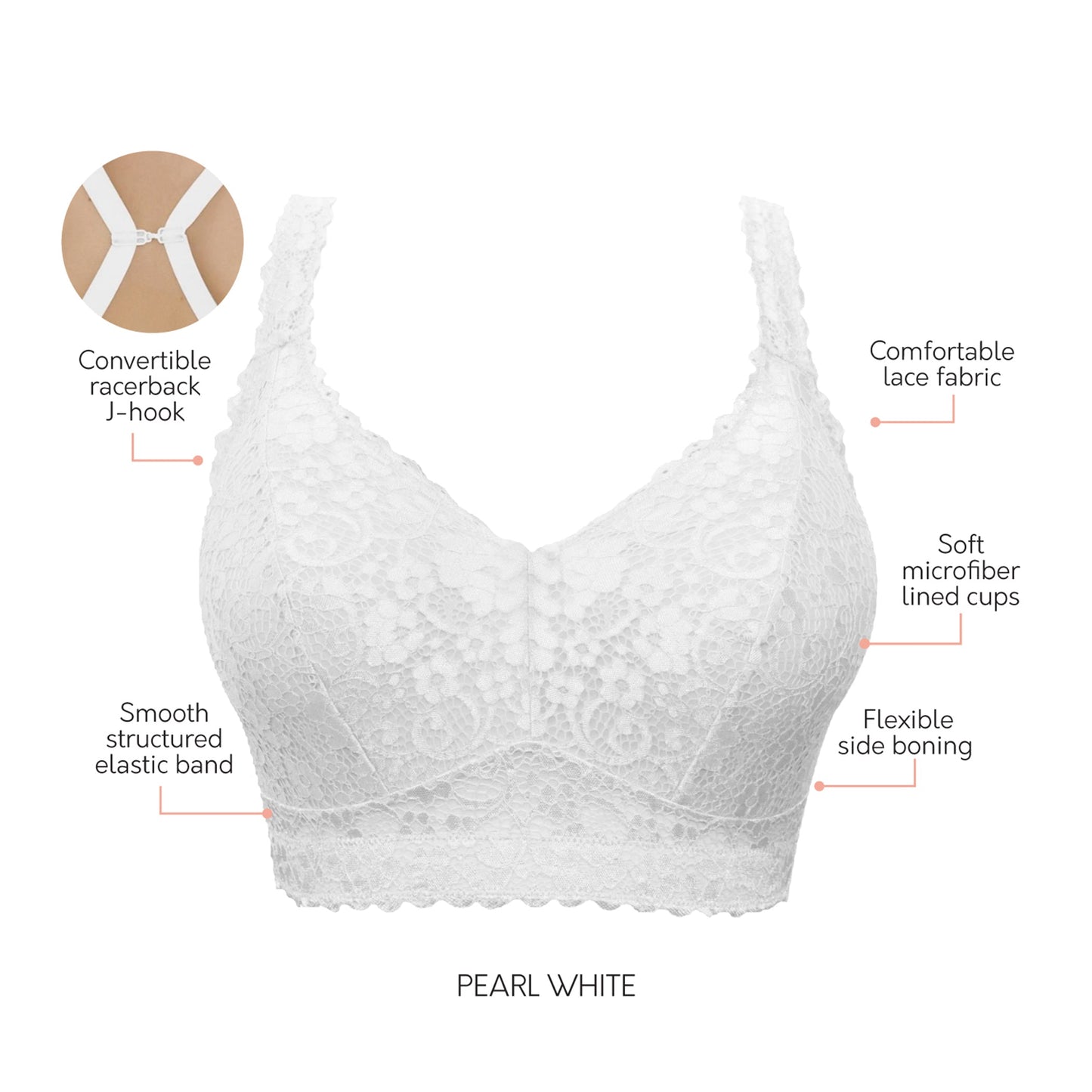Adriana P5482 Women's Curvy and Full Bust Supportive Wire-free Lace Bra - Pearl white