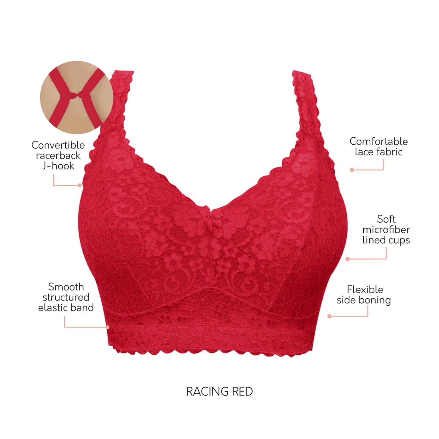 Adriana P5482 Women's Curvy and Full Bust Supportive Wire-free Lace Bra - Racing red