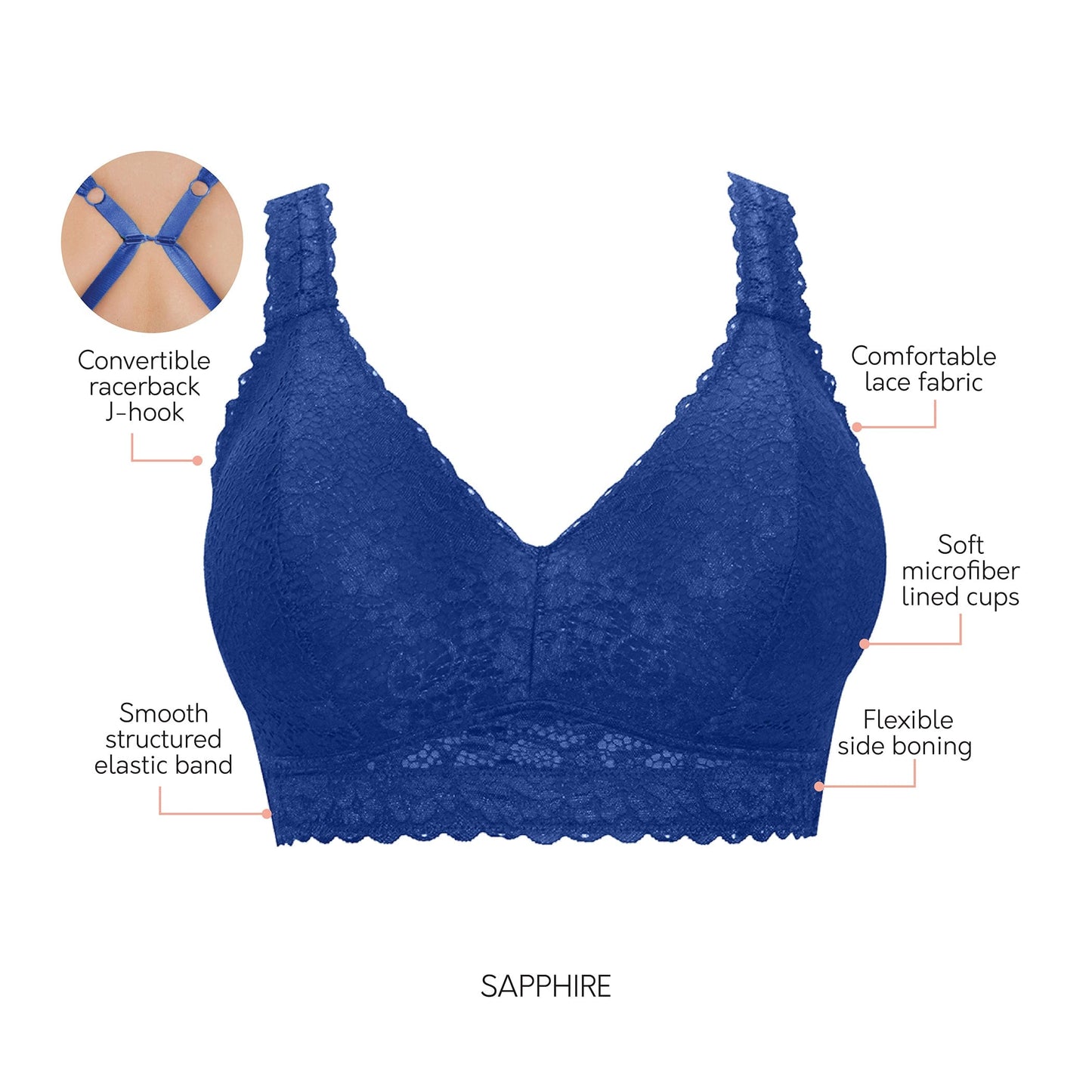 Adriana P5482 Women's Curvy and Full Bust Supportive Wire-free Lace Bra - Sapphire