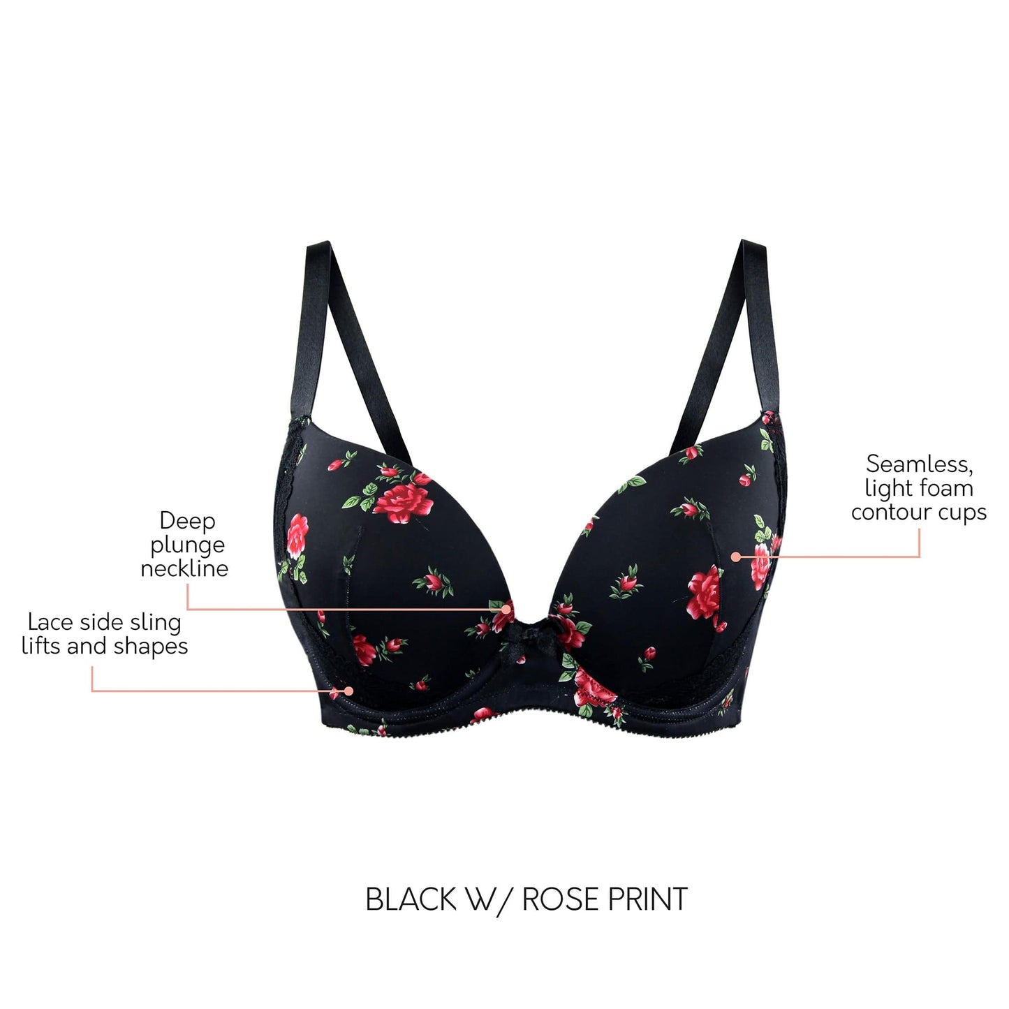 Casey 2801 Women's Wired Padded Plunge Seamless T-shirt Bra - Black w/ Rose Print