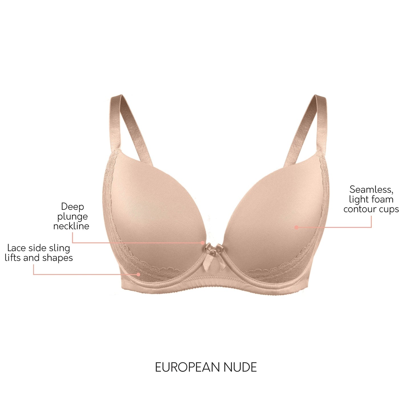 Casey 2801 Women's Wired Padded Plunge Seamless T-shirt Bra - E. Nude