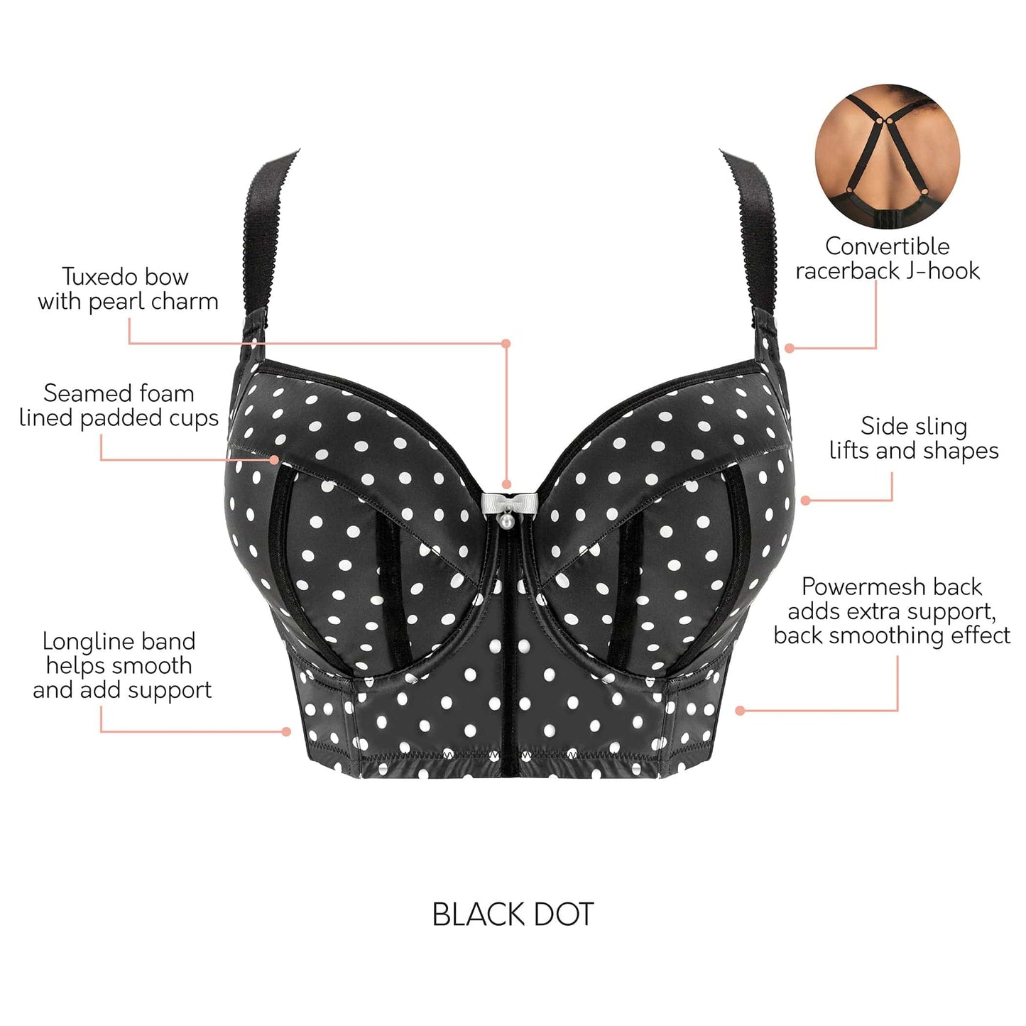 Charlotte Longline 6977 Women's Full Bust Padded Bra - Black Dot