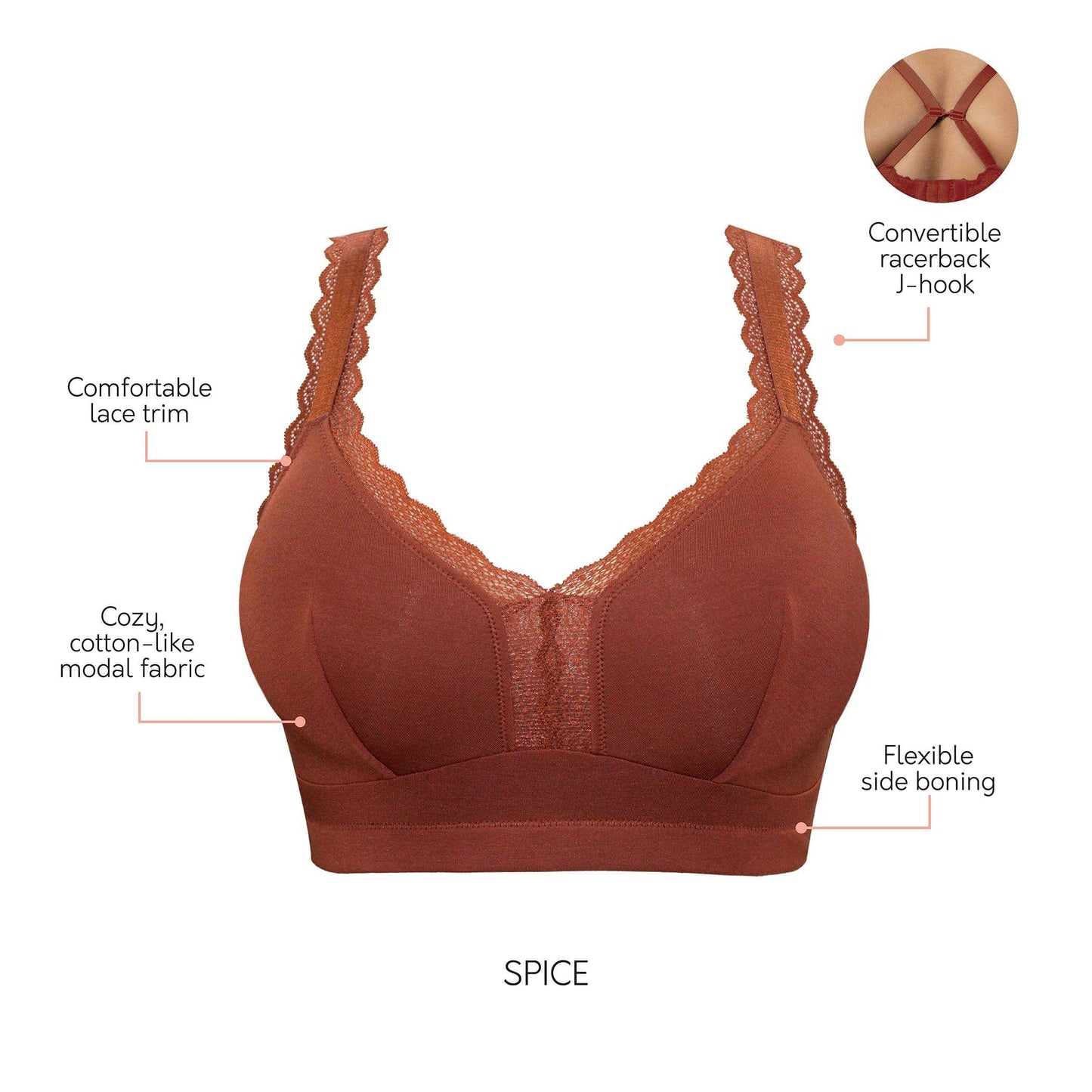 Dalis P5641 Women's Full Busted and Curvy Wire Free Bralette - Spice