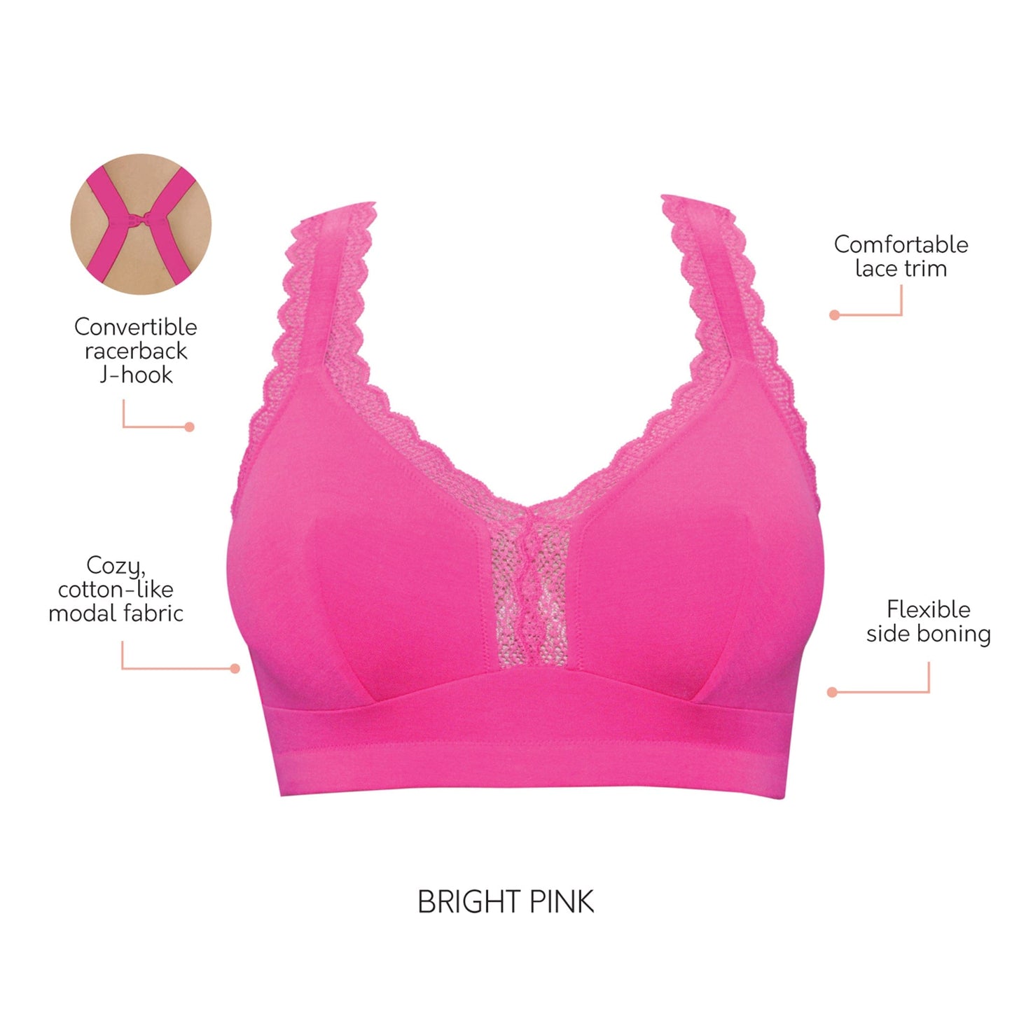 Dalis P5641 Women's Full Busted and Curvy Wire Free Bralette - Bright Pink