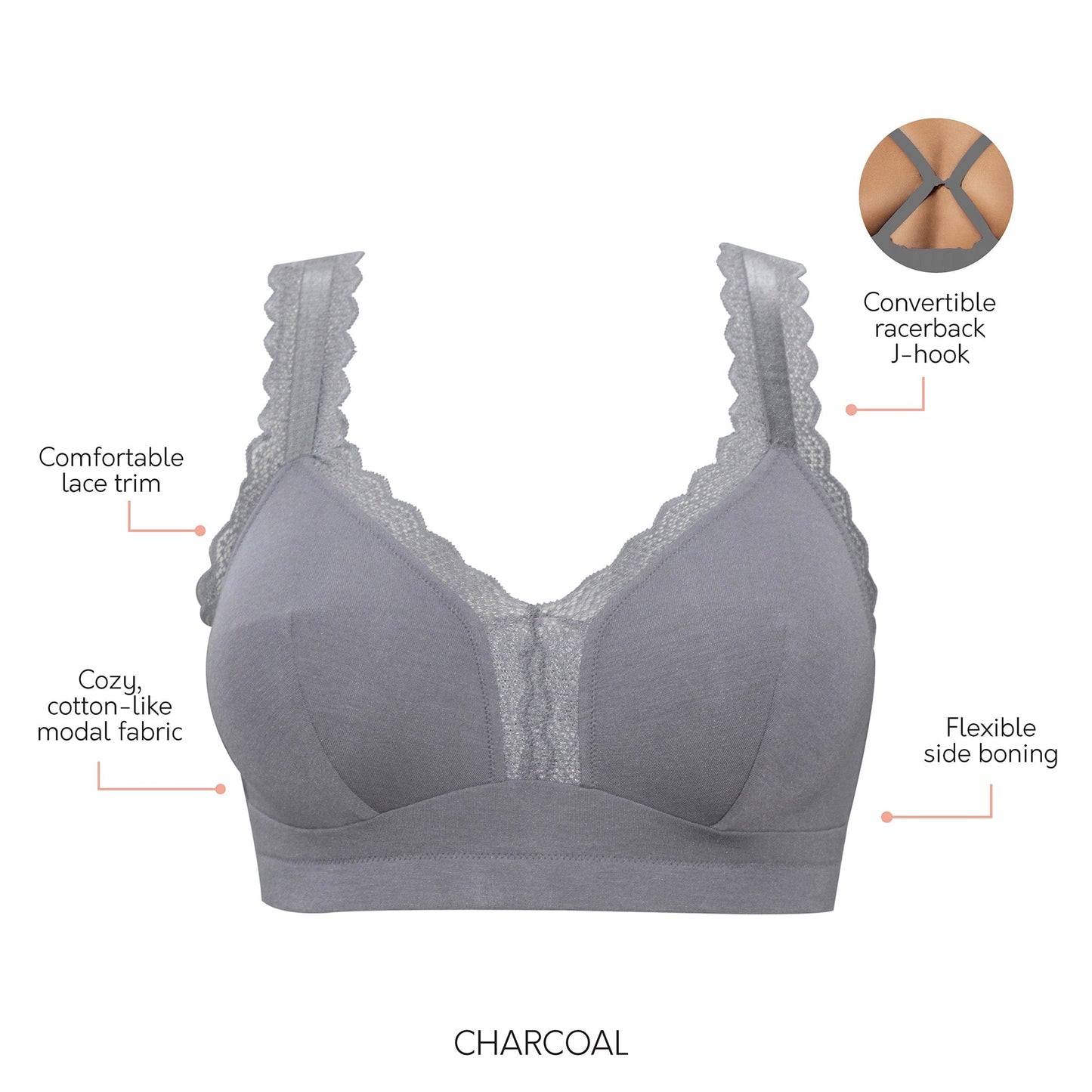 Dalis P5641 Women's Full Busted and Curvy Wire Free Bralette - Charcoal