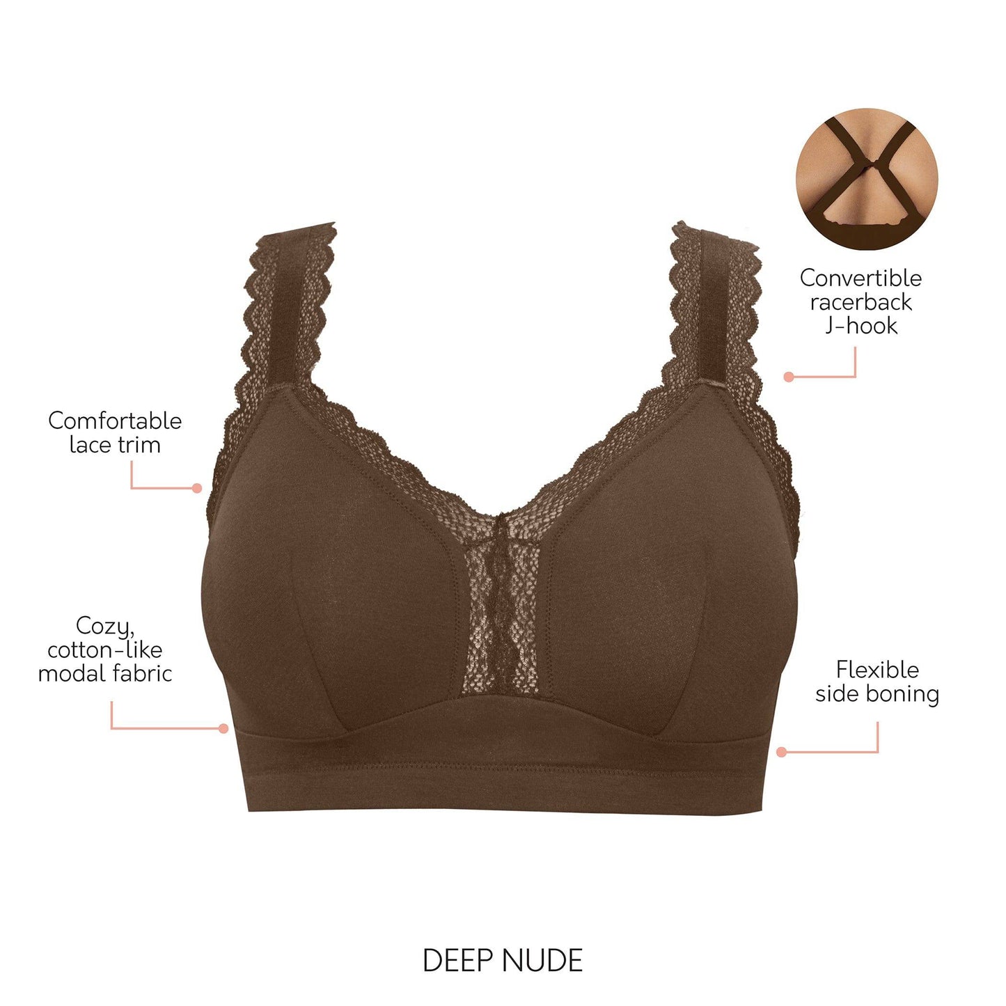 Dalis P5641 Women's Full Busted and Curvy Wire Free Bralette - Deep Nude