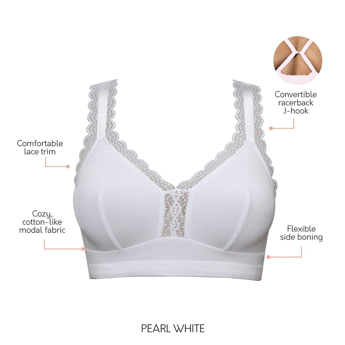 Dalis P5641 Women's Full Busted and Curvy Wire Free Bralette - Pearl White