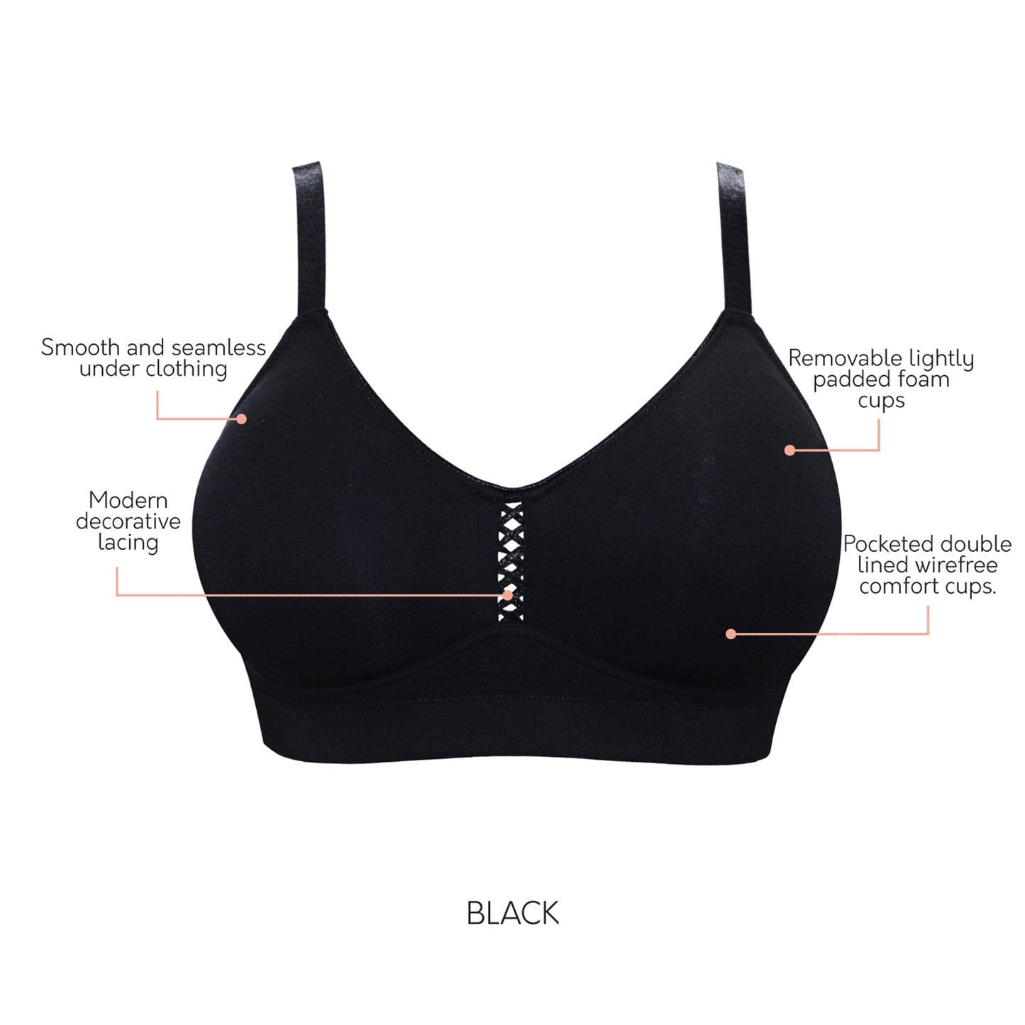 Erika P5861 Women Full Bust Smooth Seamless Wire-Free Bralette Bra - Black