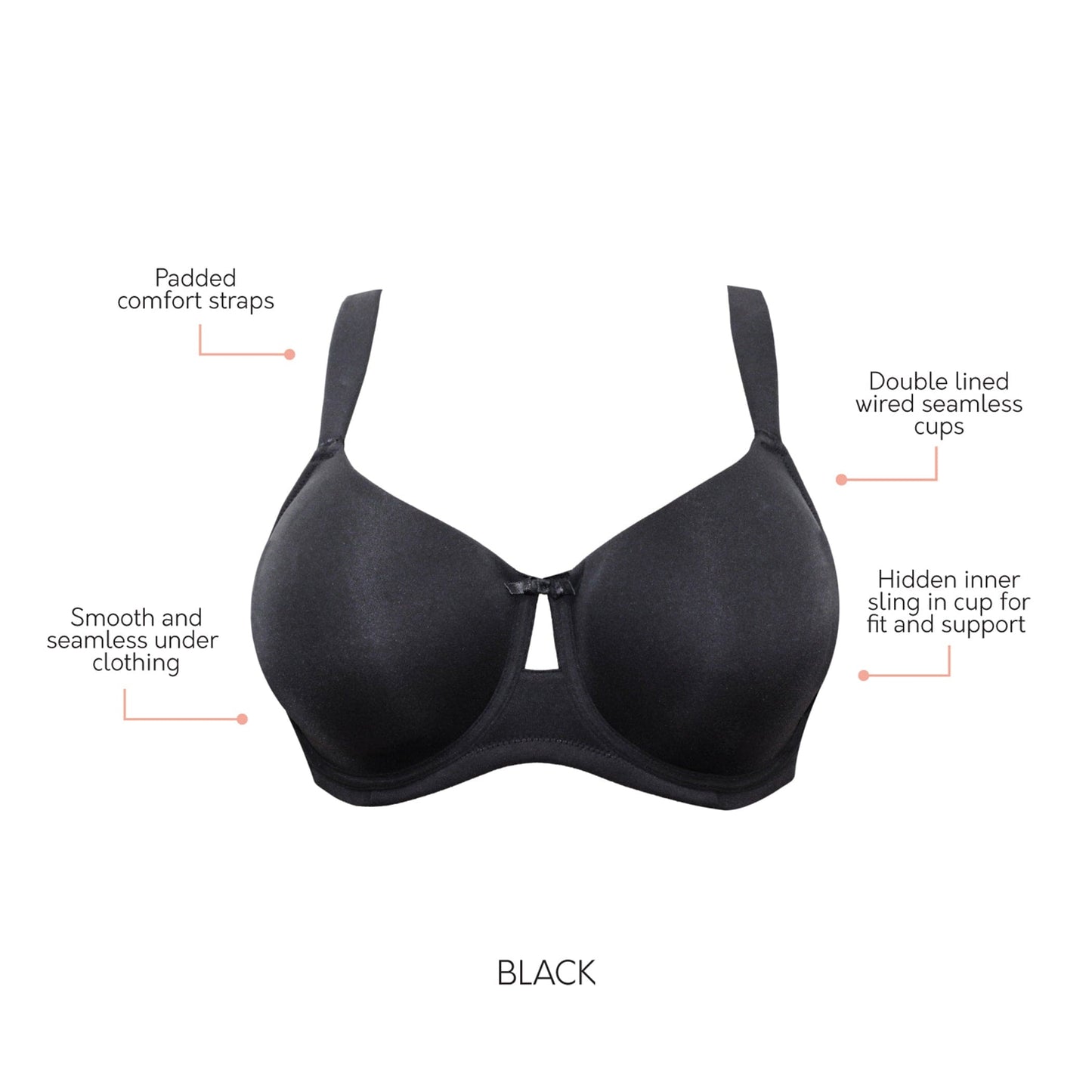 Erika P58622 Women's Unlined Seamless Smooth Nude Wire Bra - Black