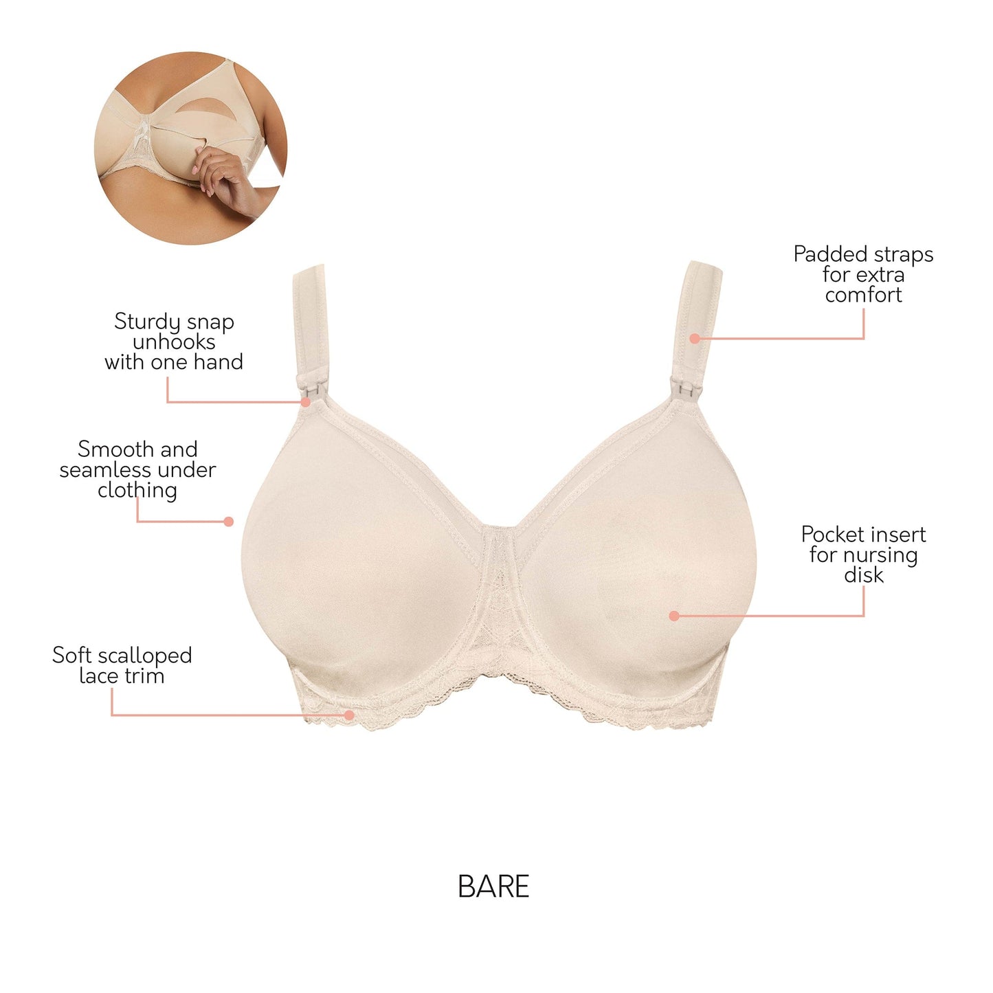 Leila NB502 Women's Full Figure Underwire Maternity Seamless Cup Nursing Bra Style - Bare