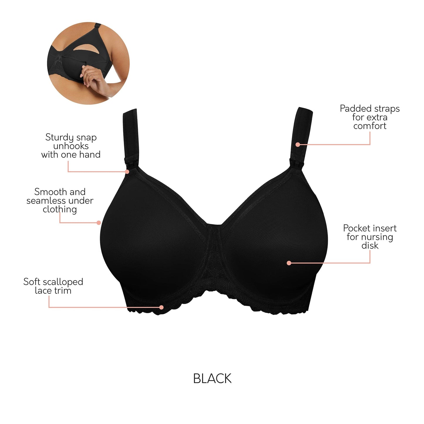Leila NB502 Women's Full Figure Underwire Maternity Seamless Cup Nursing Bra Style - Black
