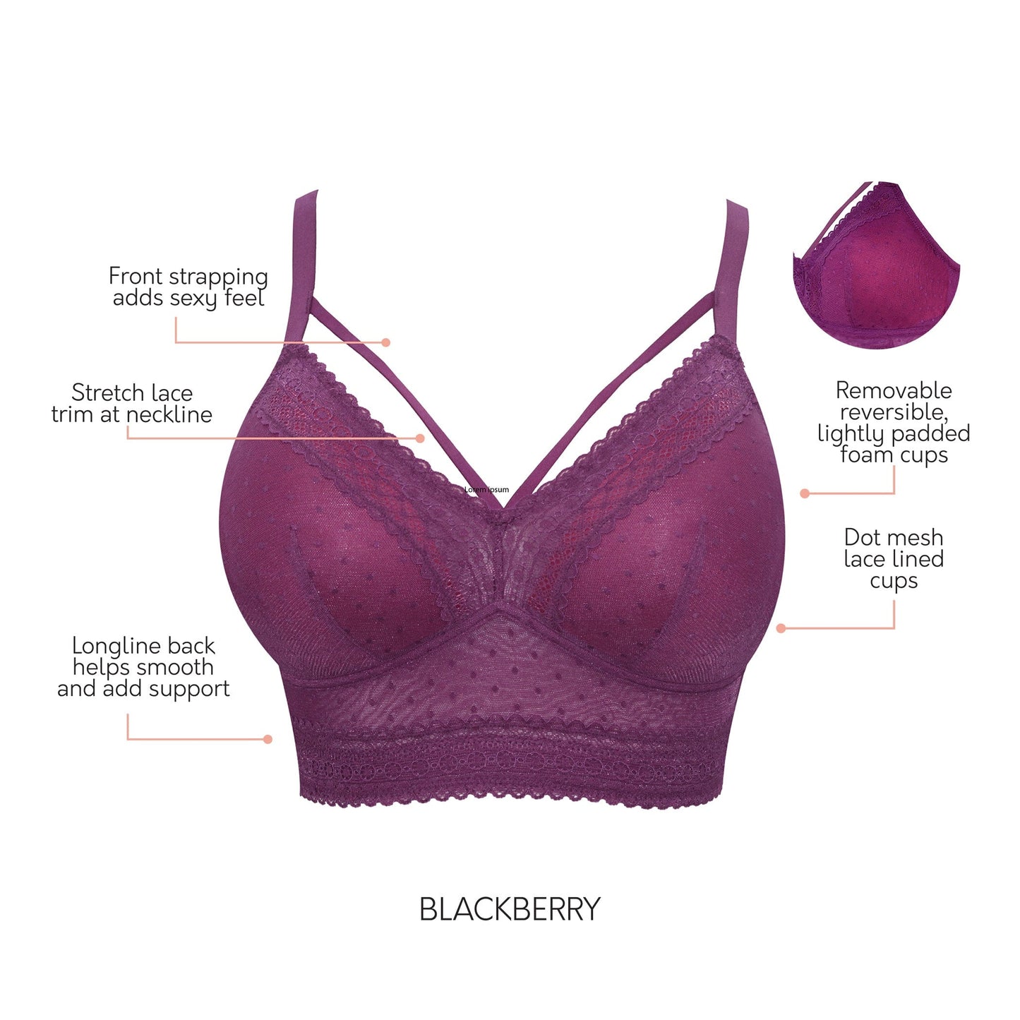 Mia Dot P6011 Women's Full Busted Lightly Padded Wire Free Bra - Blackberry