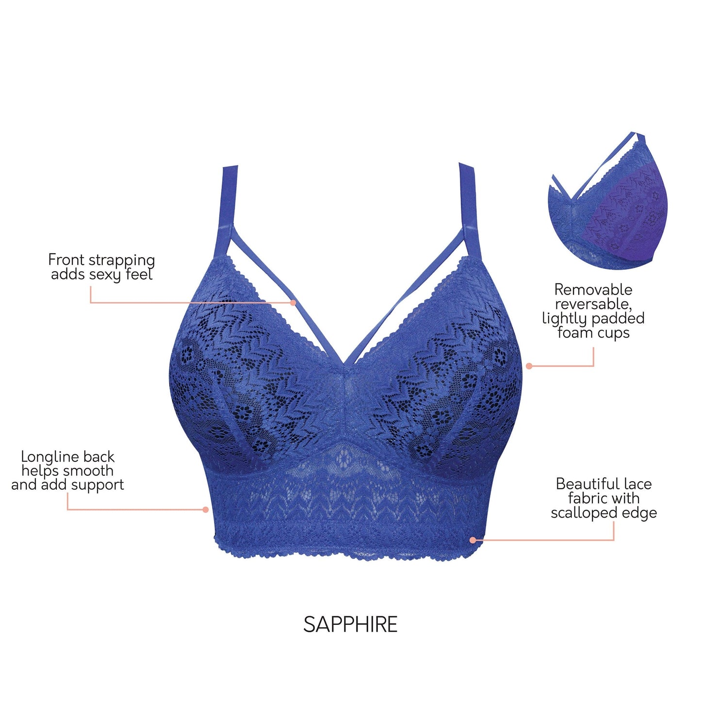 Mia Lace P5951 Women's Full Busted Lightly Padded Wire Free Bra - Sapphire