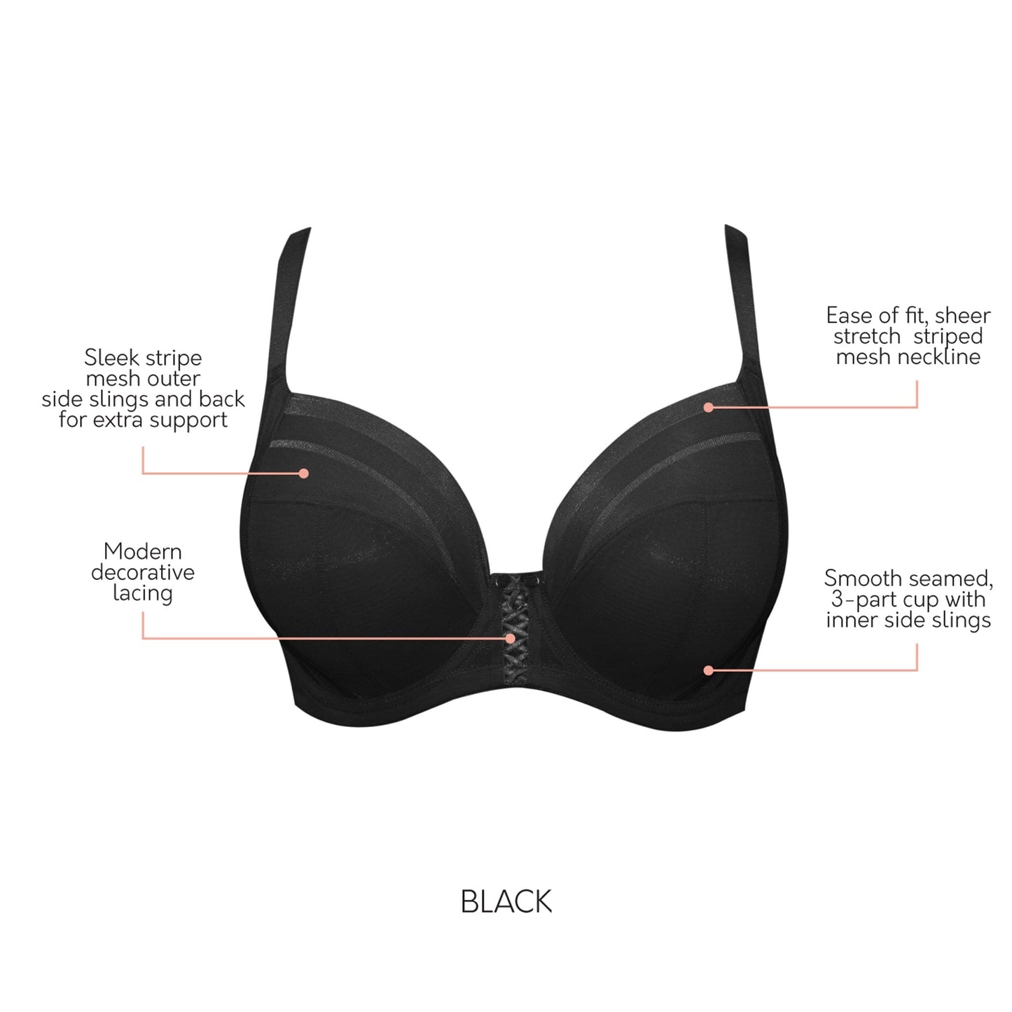 Shea P6062 Women's Full Bust Mesh Plunge Unlined Wired Bra - Black