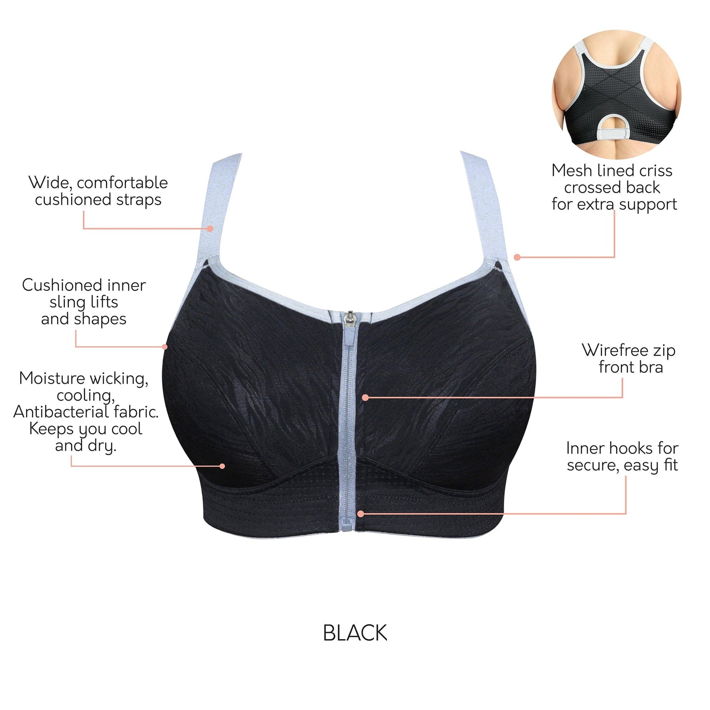 Wave P6052 Women's Wire-Free Front Closure Sports Bra - Black