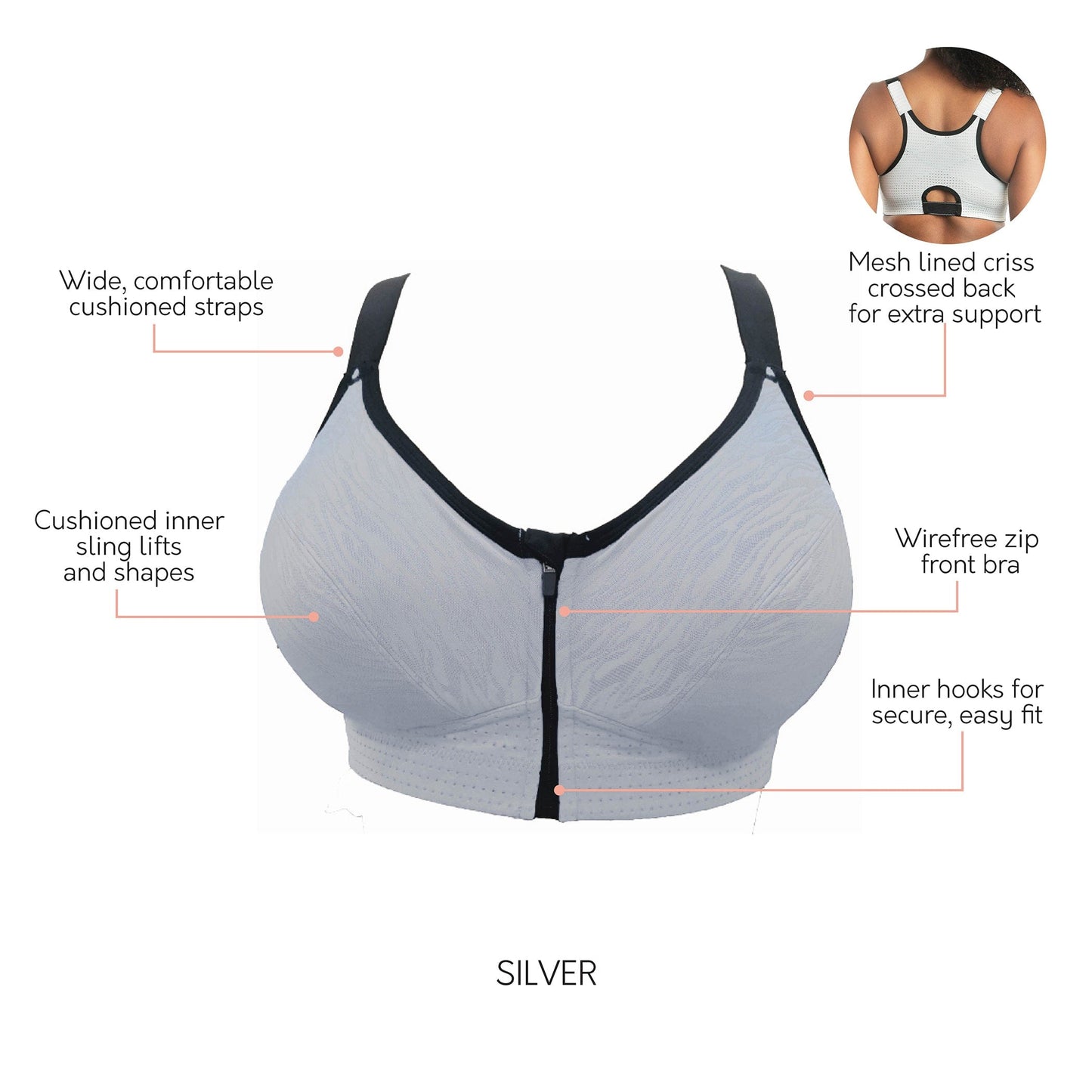 Wave P6052 Women's Wire-Free Front Closure Sports Bra - Silver