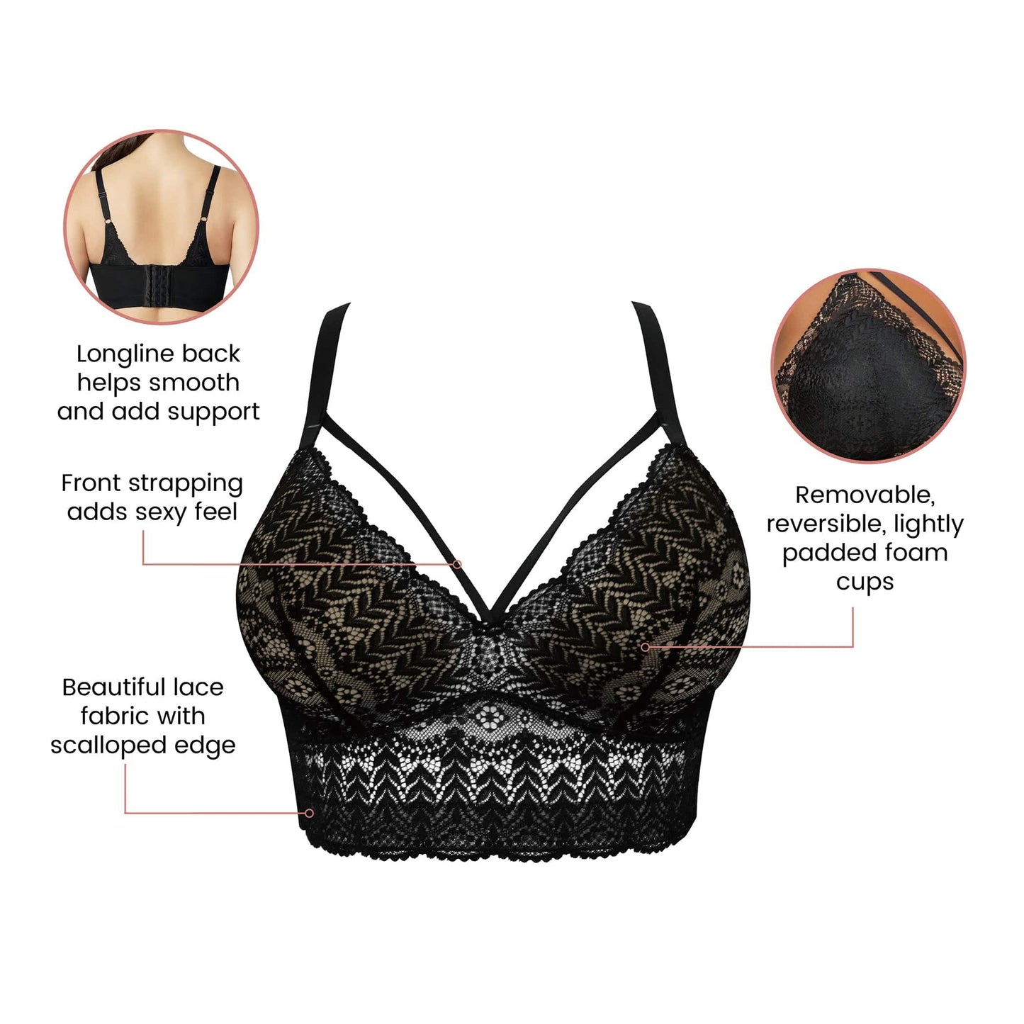 Mia Lace P5951 Women's Full Busted Lightly Padded Wire Free Bra - Black