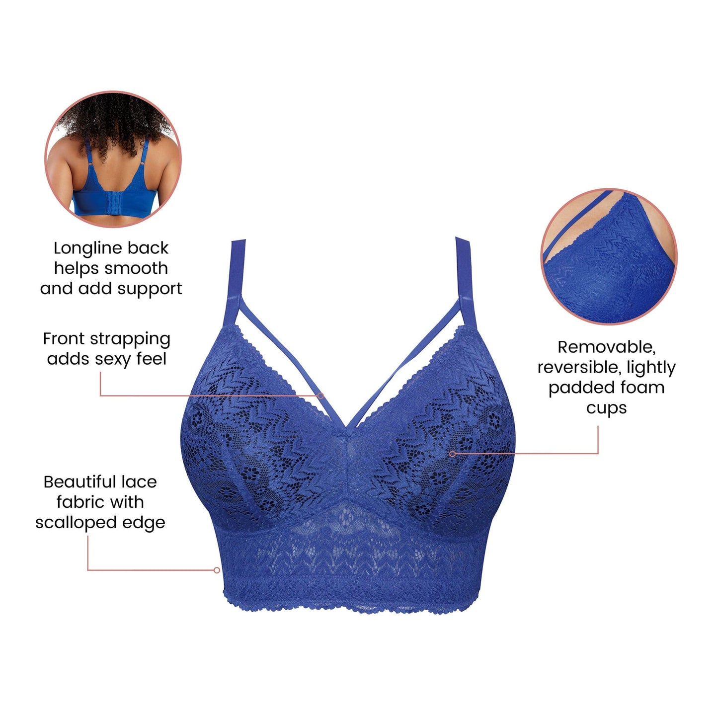 Mia Lace P5951 Women's Full Busted Lightly Padded Wire Free Bra - Sapphire