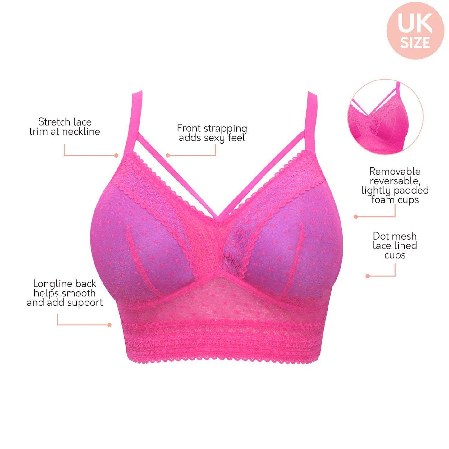Mia Dot P6011 Women's Full Busted Lightly Padded Wire Free Bra - Bright pink