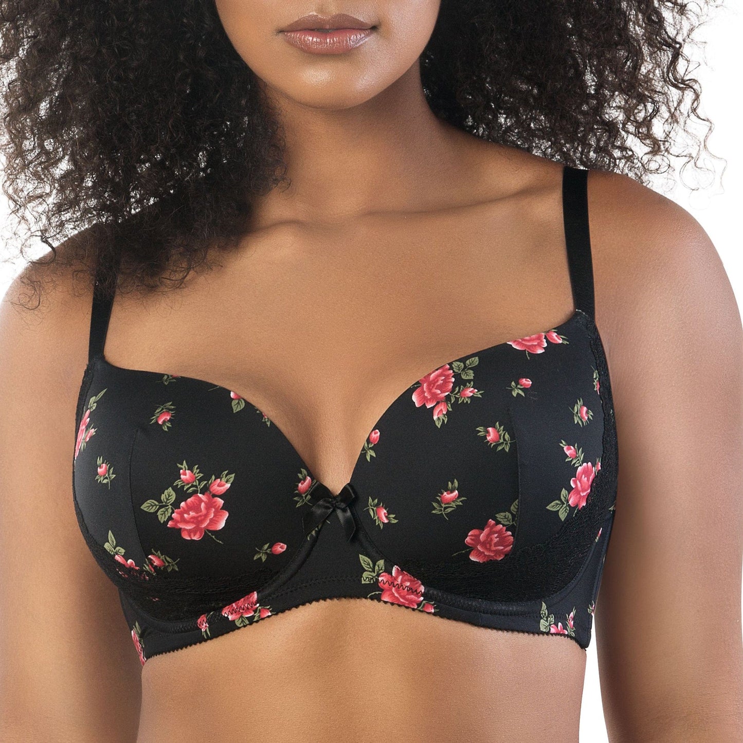 Casey 2801 Women's Wired Padded Plunge Seamless T-shirt Bra - Black w/ Rose Print