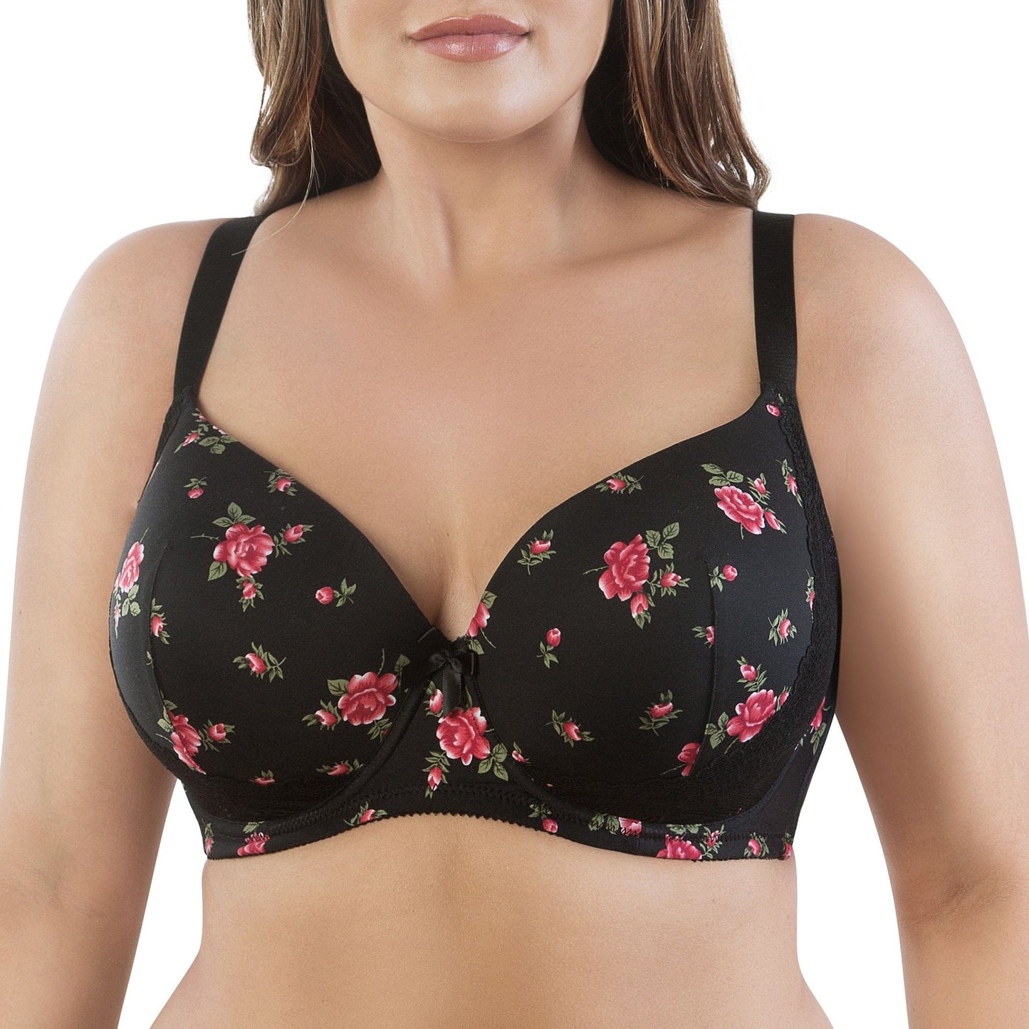 Casey 2801 Women's Wired Padded Plunge Seamless T-shirt Bra - Black w/ Rose Print