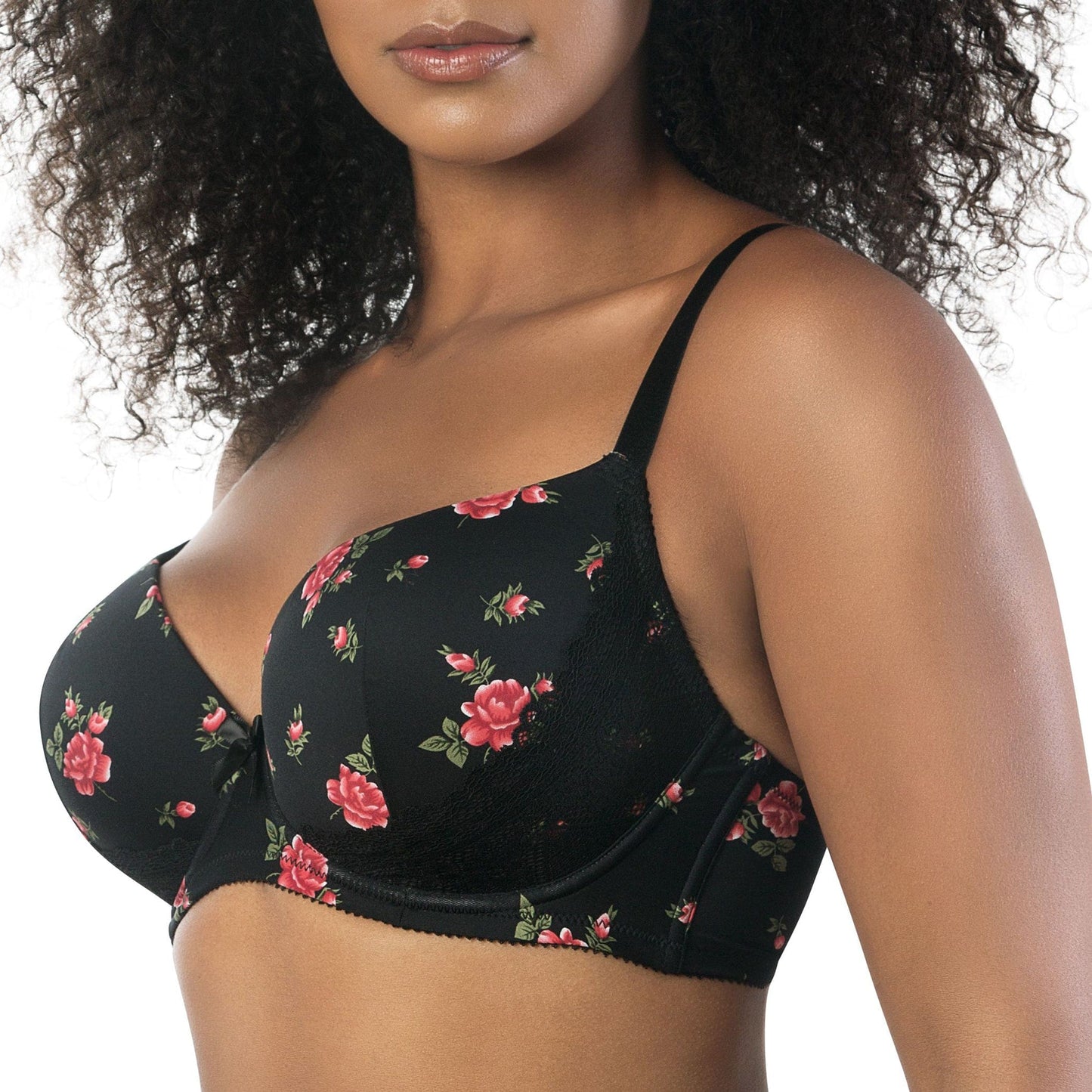 Casey 2801 Women's Wired Padded Plunge Seamless T-shirt Bra - Black w/ Rose Print
