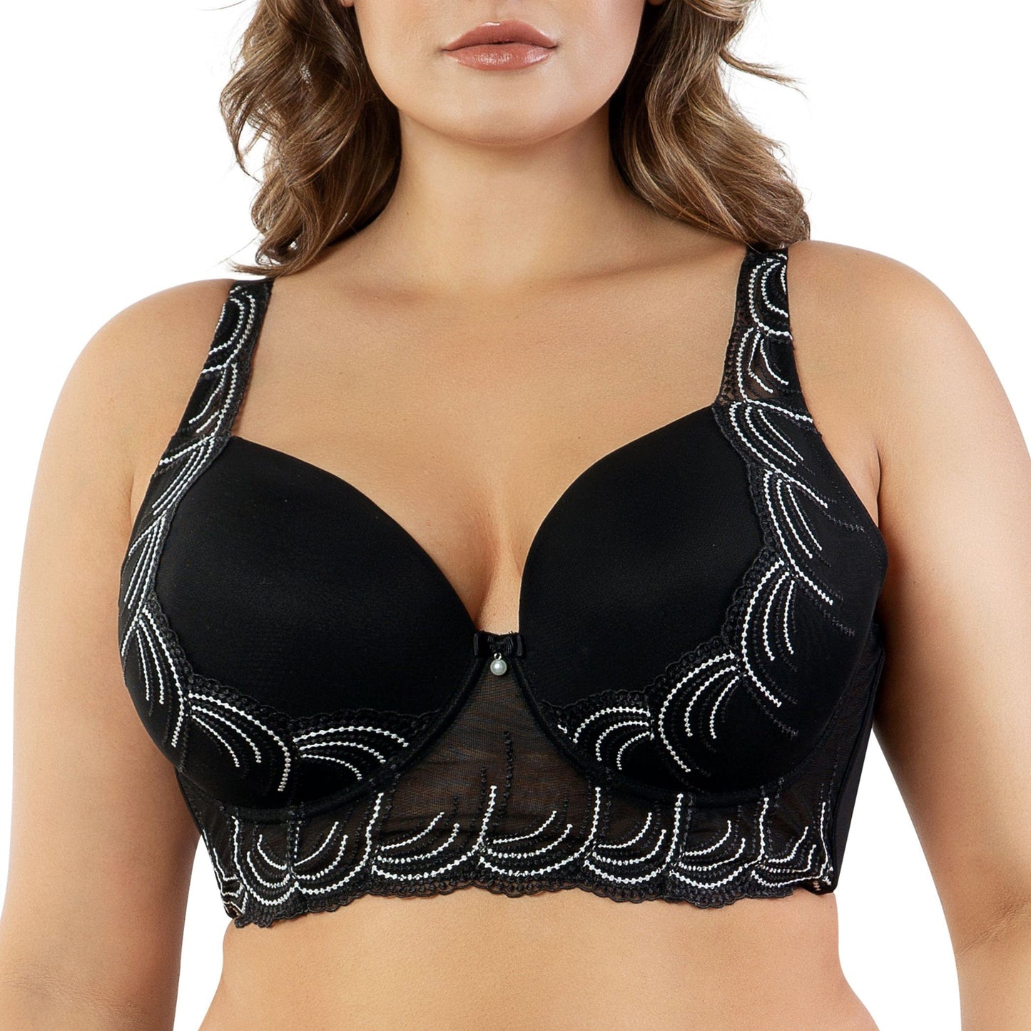 Pearl P6091 Women's Longline Plunge Full Busted Bra  - Black