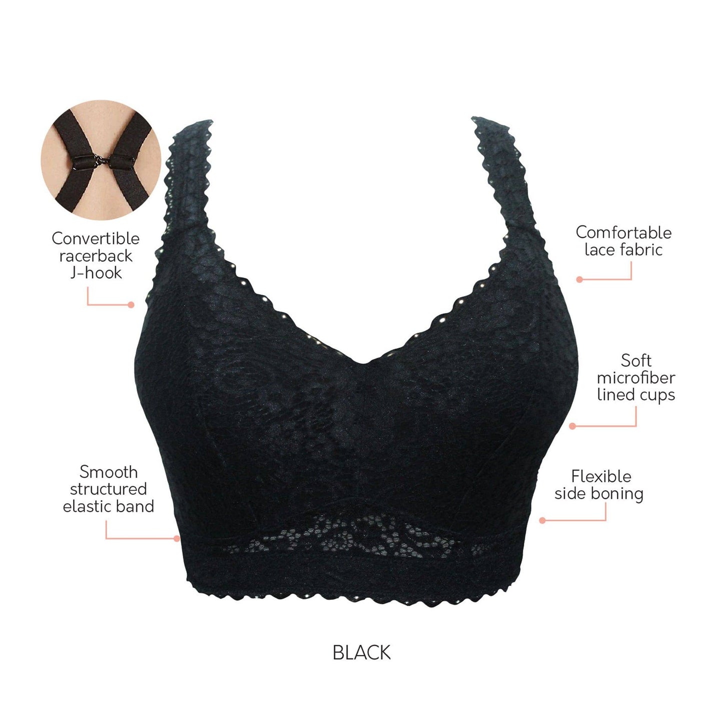 Adriana P5482 Women's Curvy and Full Bust Supportive Wire-free Lace Bra  - Black