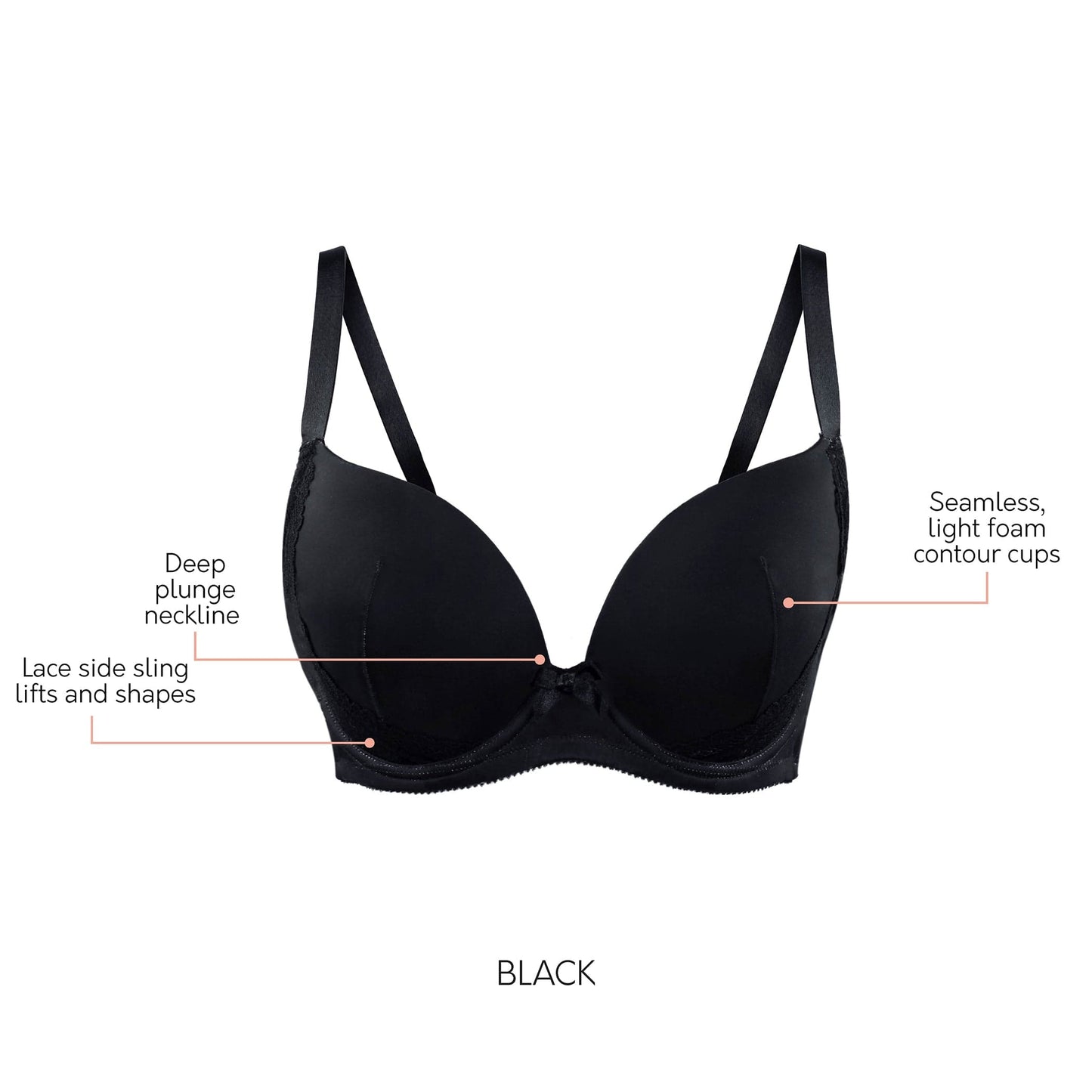 Casey 2801 Women's Wired Padded Plunge Seamless T-shirt Bra - Black