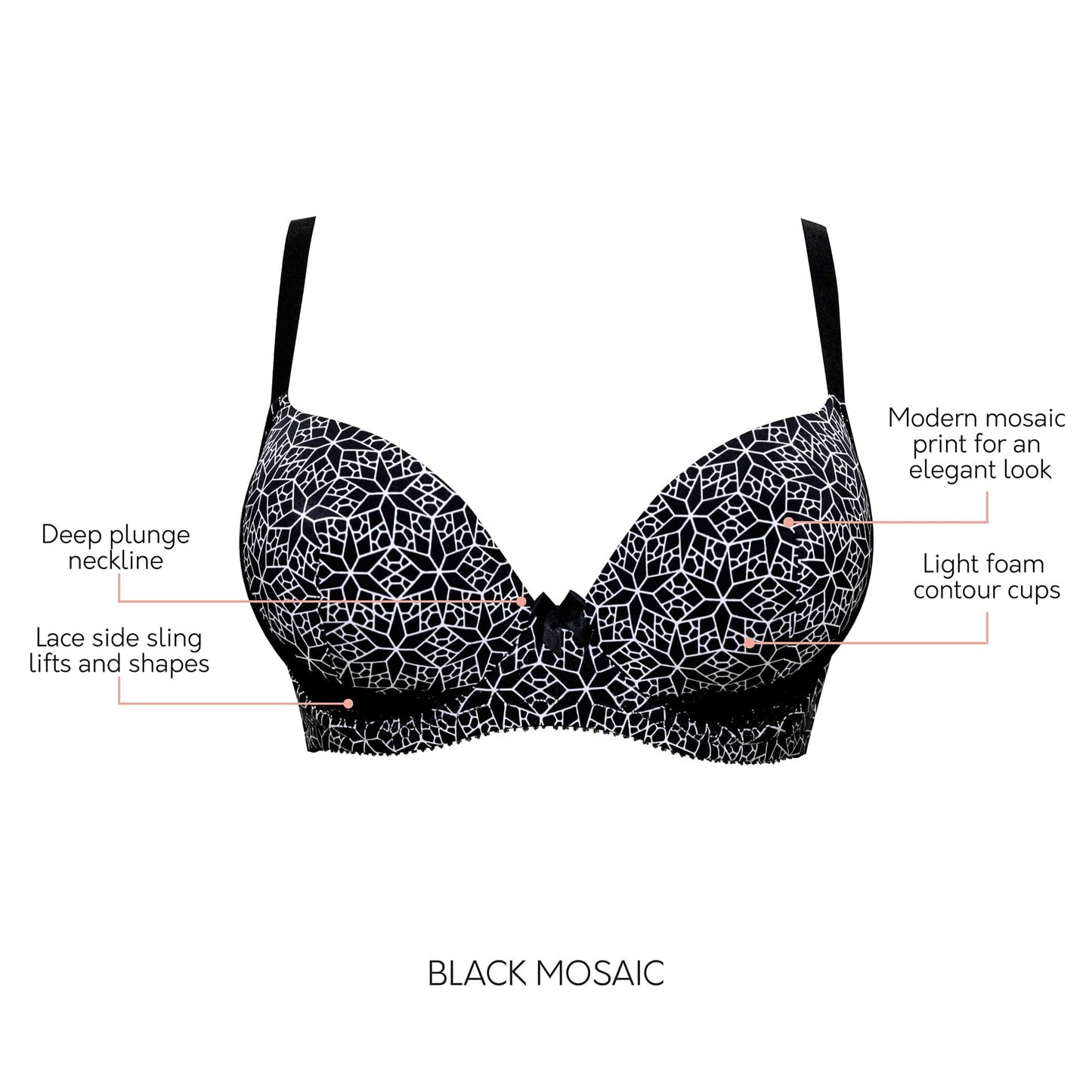 Casey 2801 Women's Wired Padded Plunge Seamless T-shirt Bra - Mosaic Black