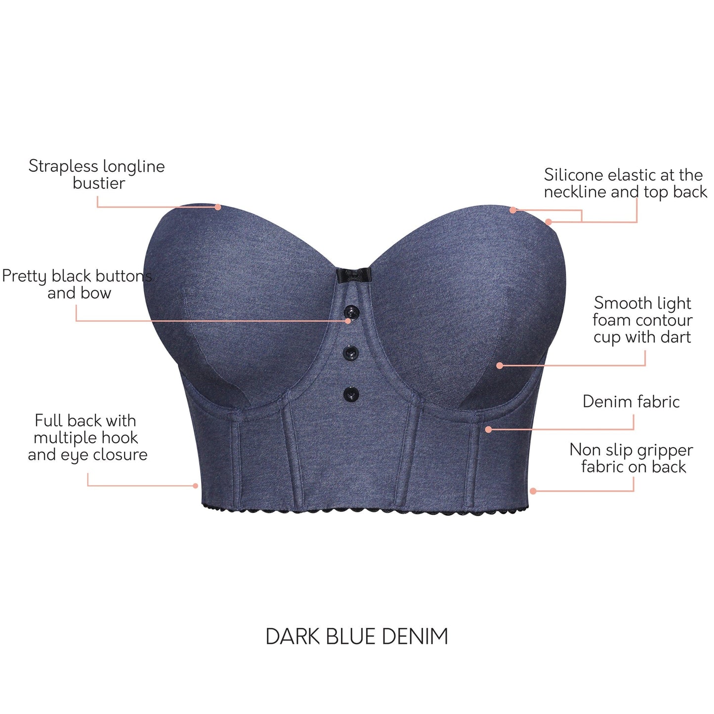 Dolly Denim P50118 Women's Longline Strapless Bustier - Dark Blue Denim