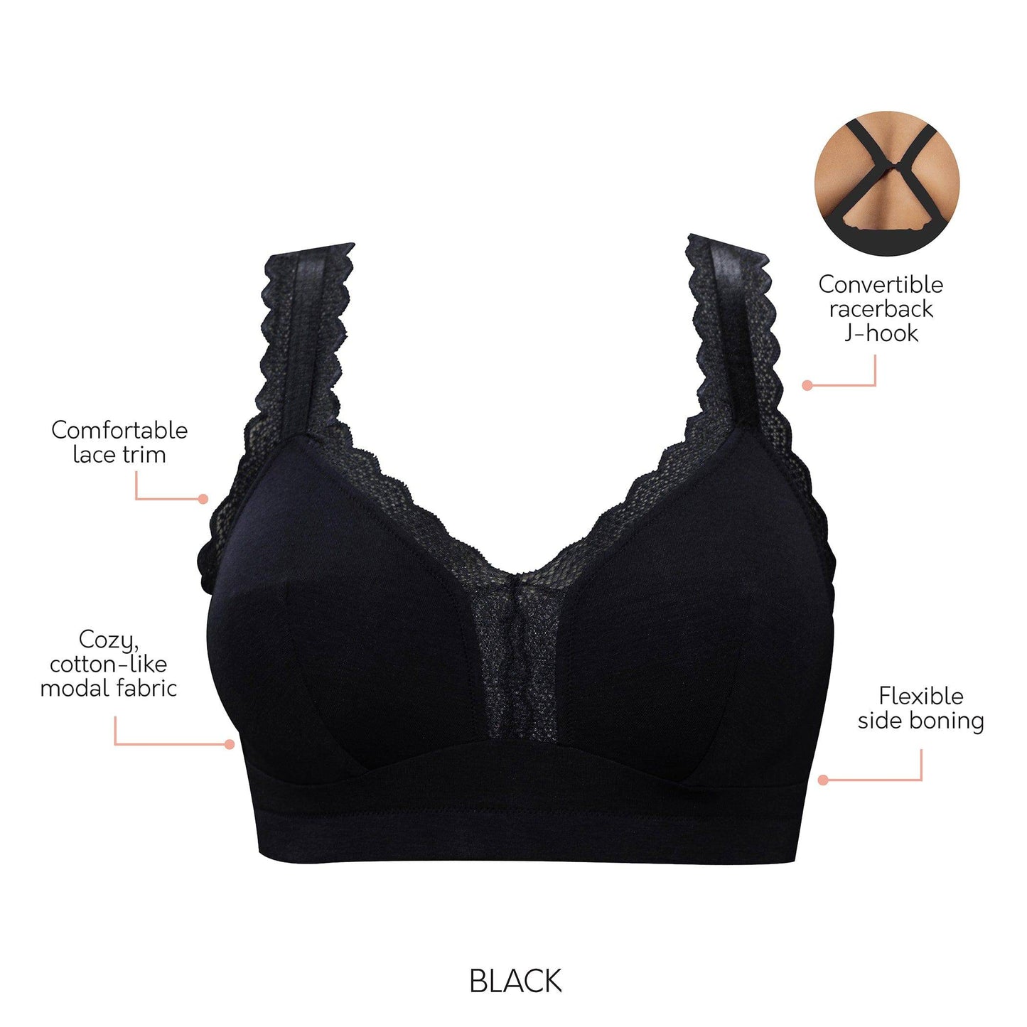 Dalis P5641 Women's Full Busted and Curvy Wire Free Bralette  - Black