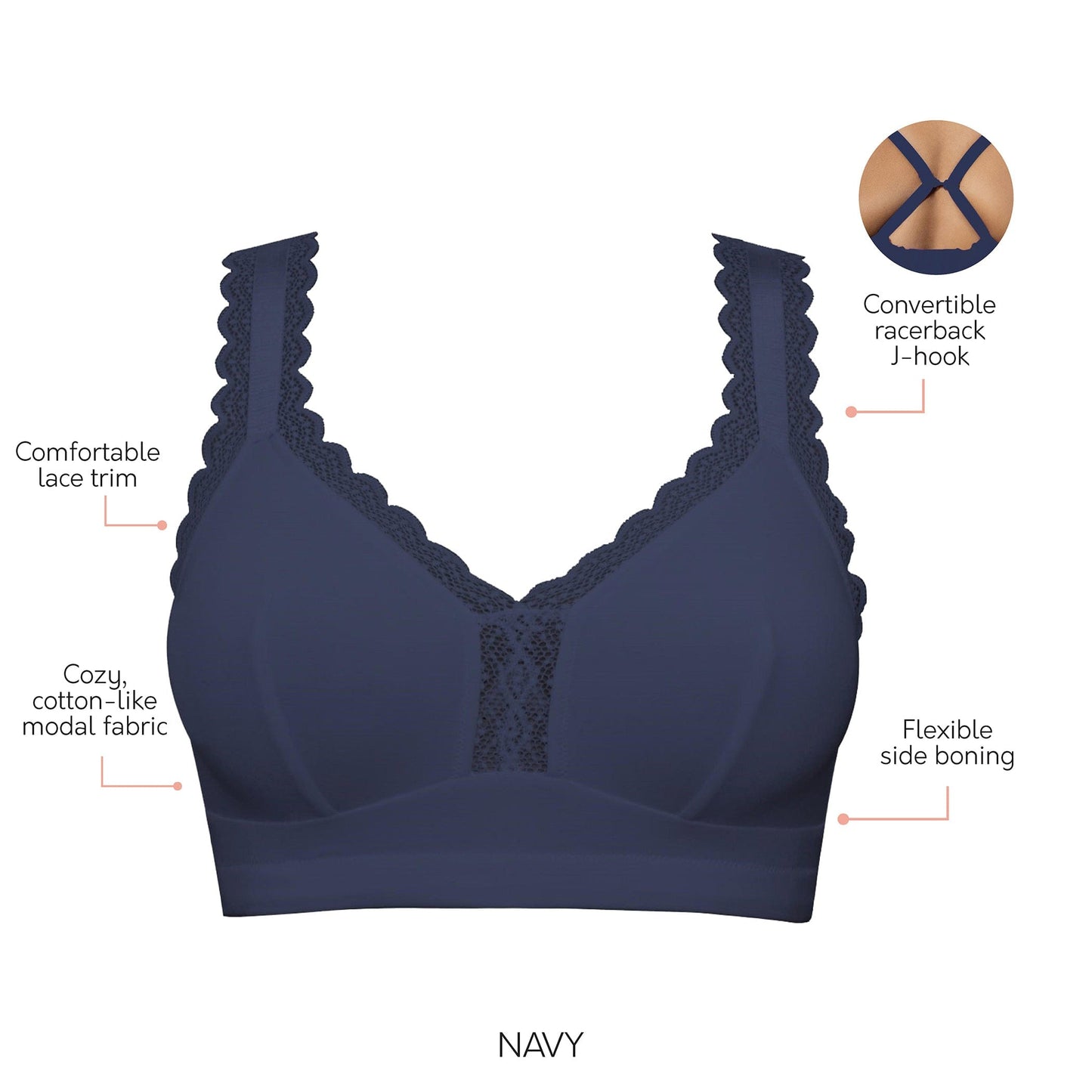 Dalis P5641 Women's Full Busted and Curvy Wire Free Bralette  - Navy