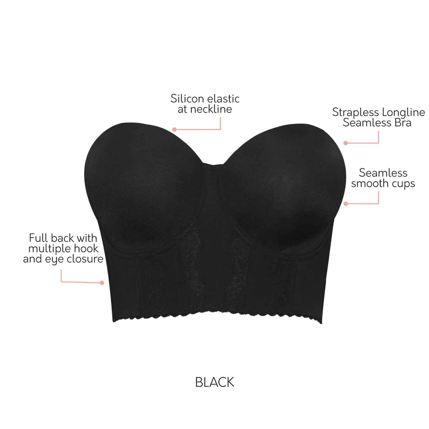Elissa P50116 Women's Full Bust and Full Figure Strapless Longline Bra  - Black