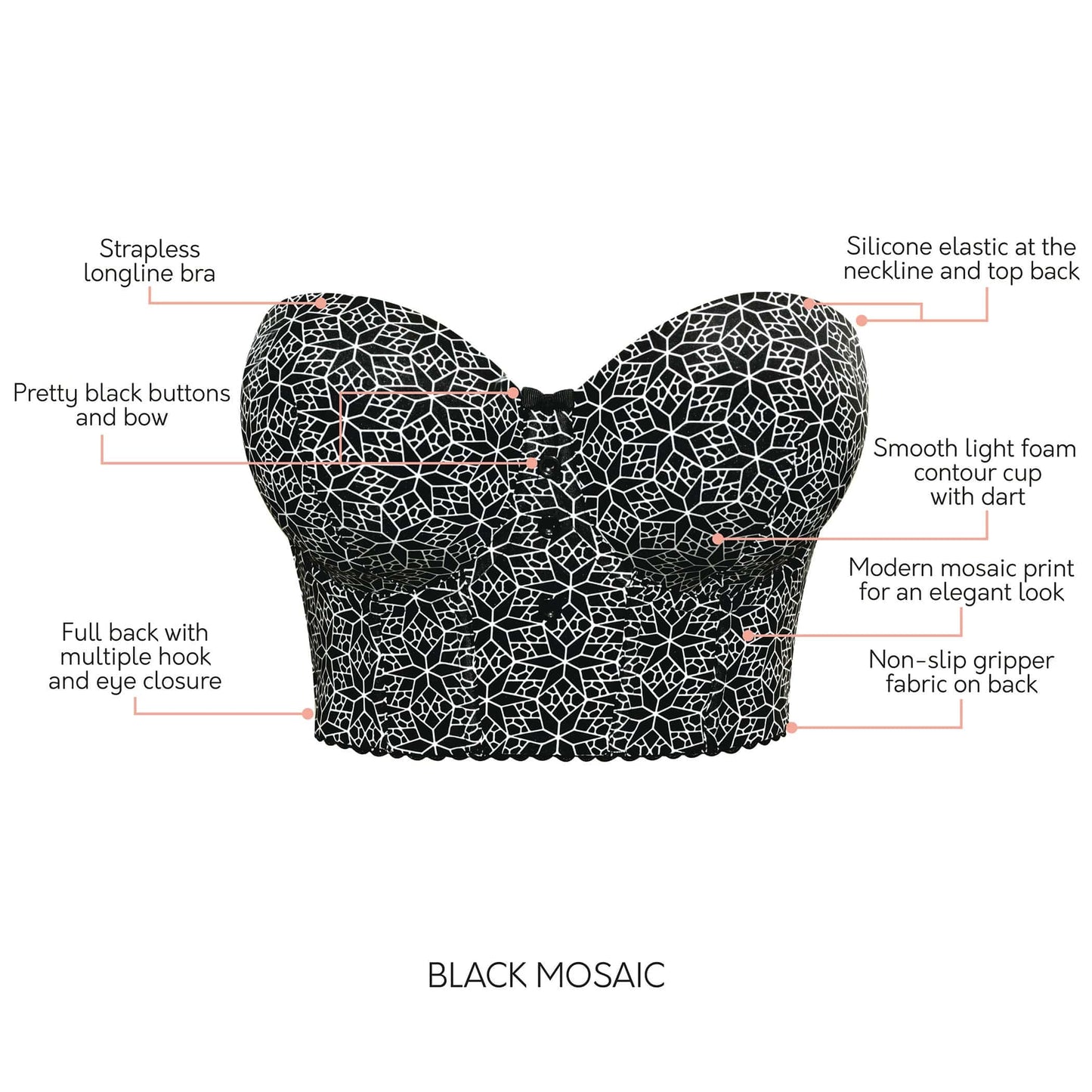 Marissa P50117 Women's Full Bust and Full Figure Strapless Longline Bra - Black Mosaic