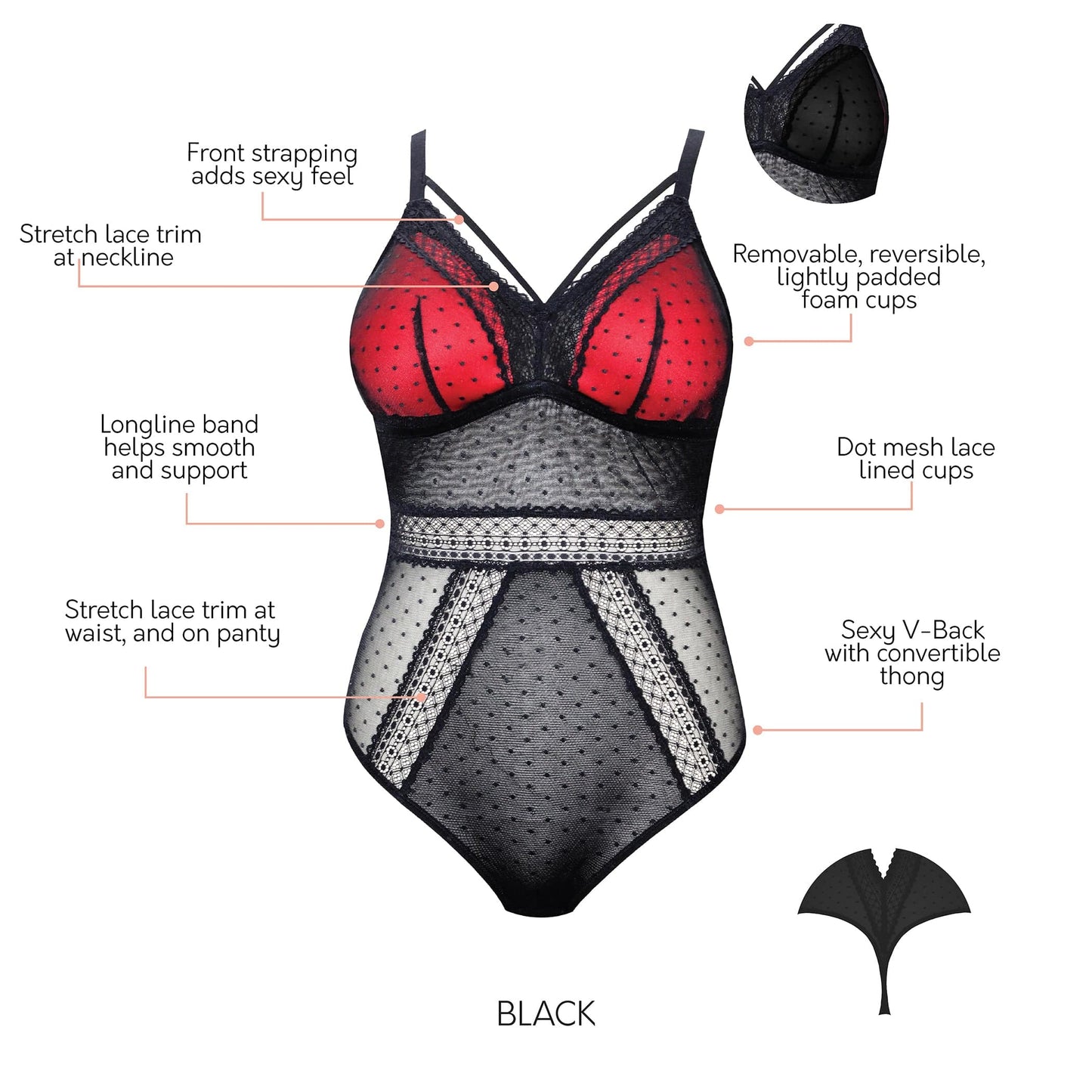 Mia Dot P6017 Women's Sexy Wire-free Bodysuit Lingerie - Black