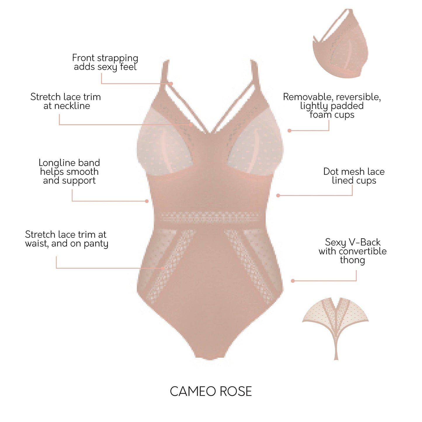 Mia Dot P6017 Women's Sexy Wire-free Bodysuit Lingerie - Cameo Rose