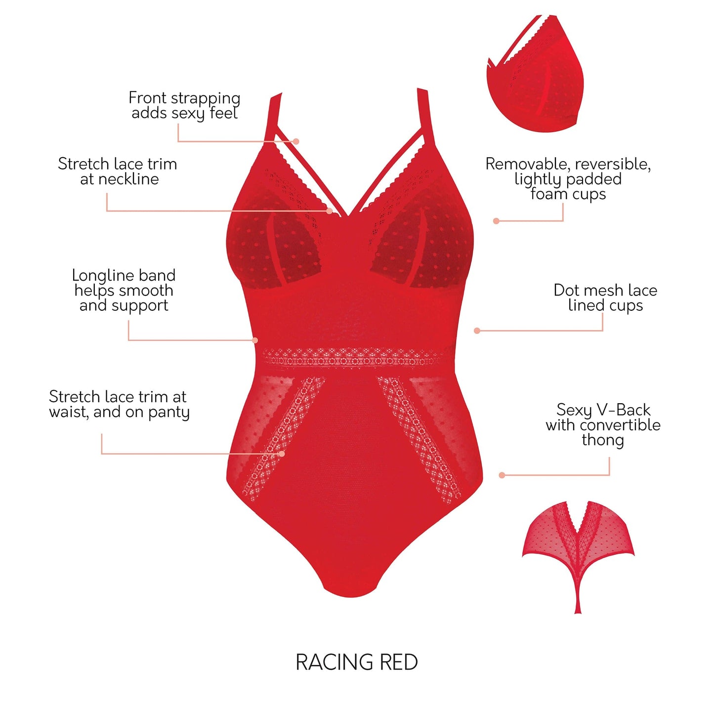 Mia Dot P6017 Women's Sexy Wire-free Bodysuit Lingerie - Racing Red