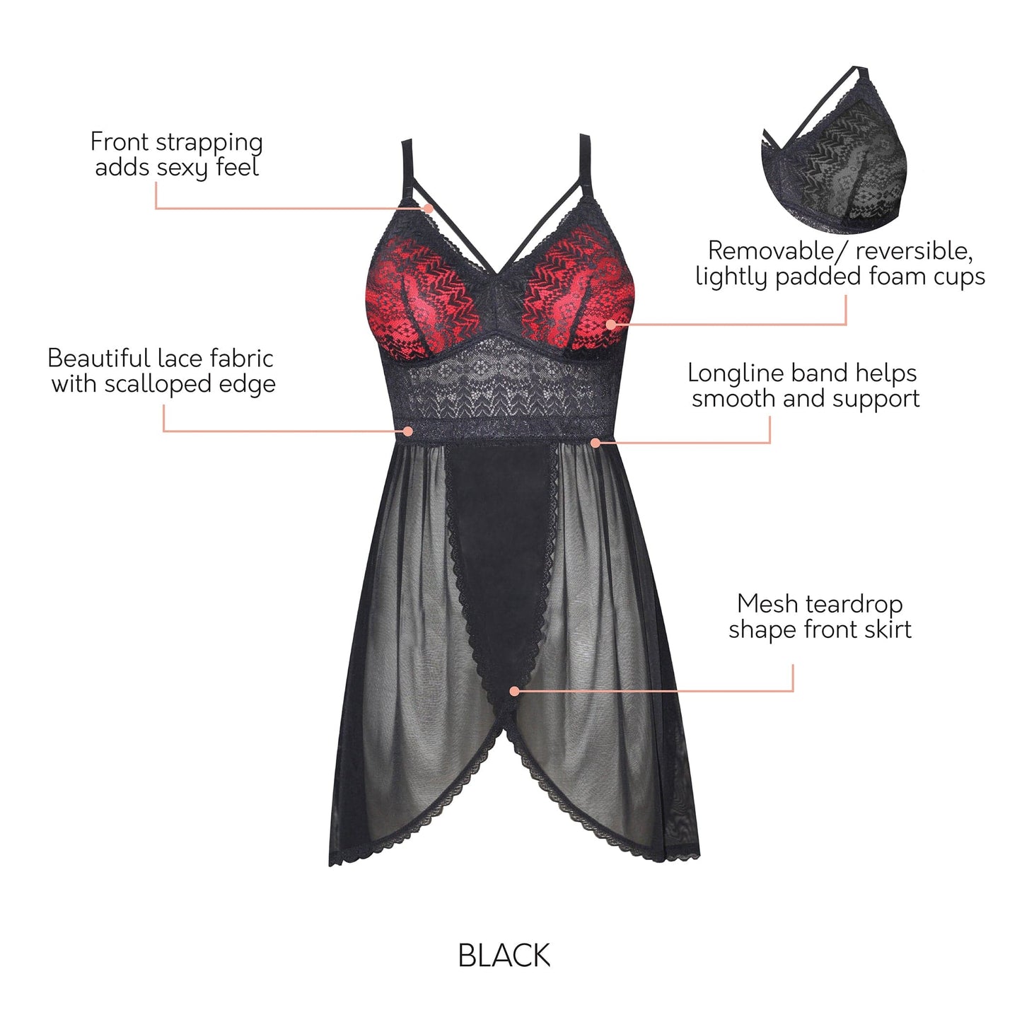 Mia Lace P5959 Women's Lingerie Wire-Free Chemise - Black