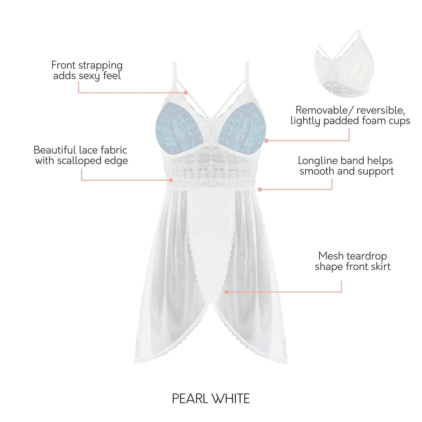Mia Lace P5959 Women's Lingerie Wire-Free Chemise - Pearl White