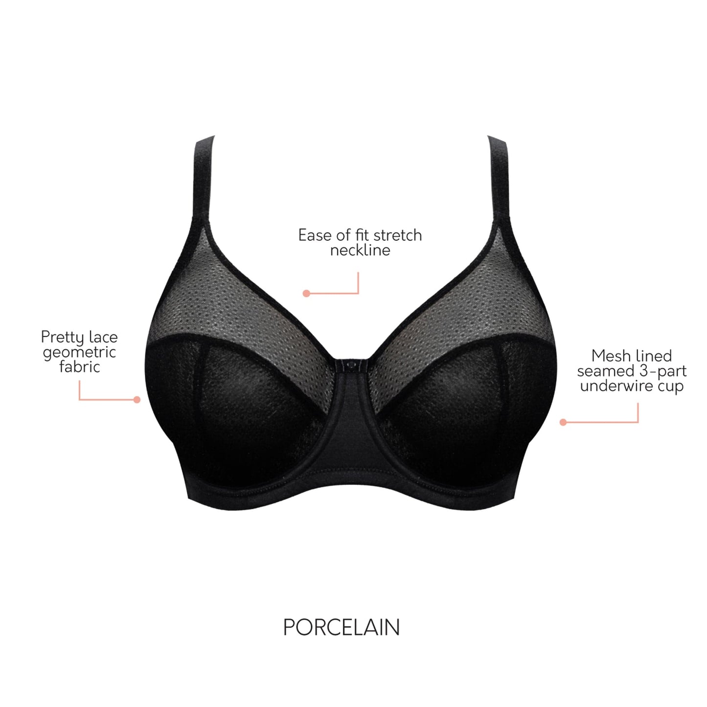 Paige A1672 Women's Lace Mesh Full Busted Wired Unlined Bra - Black
