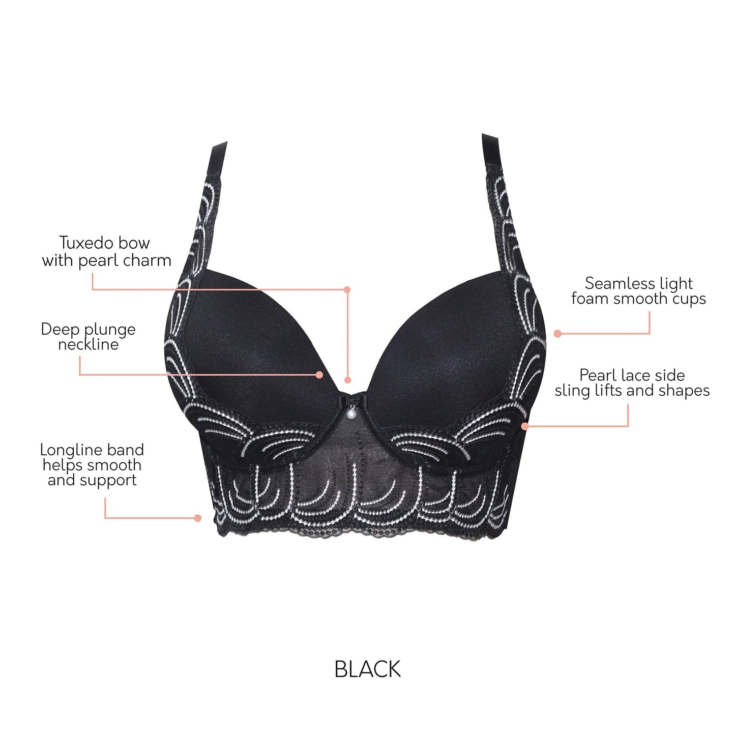 Pearl P6091 Women's Longline Plunge Full Busted Bra  - Black