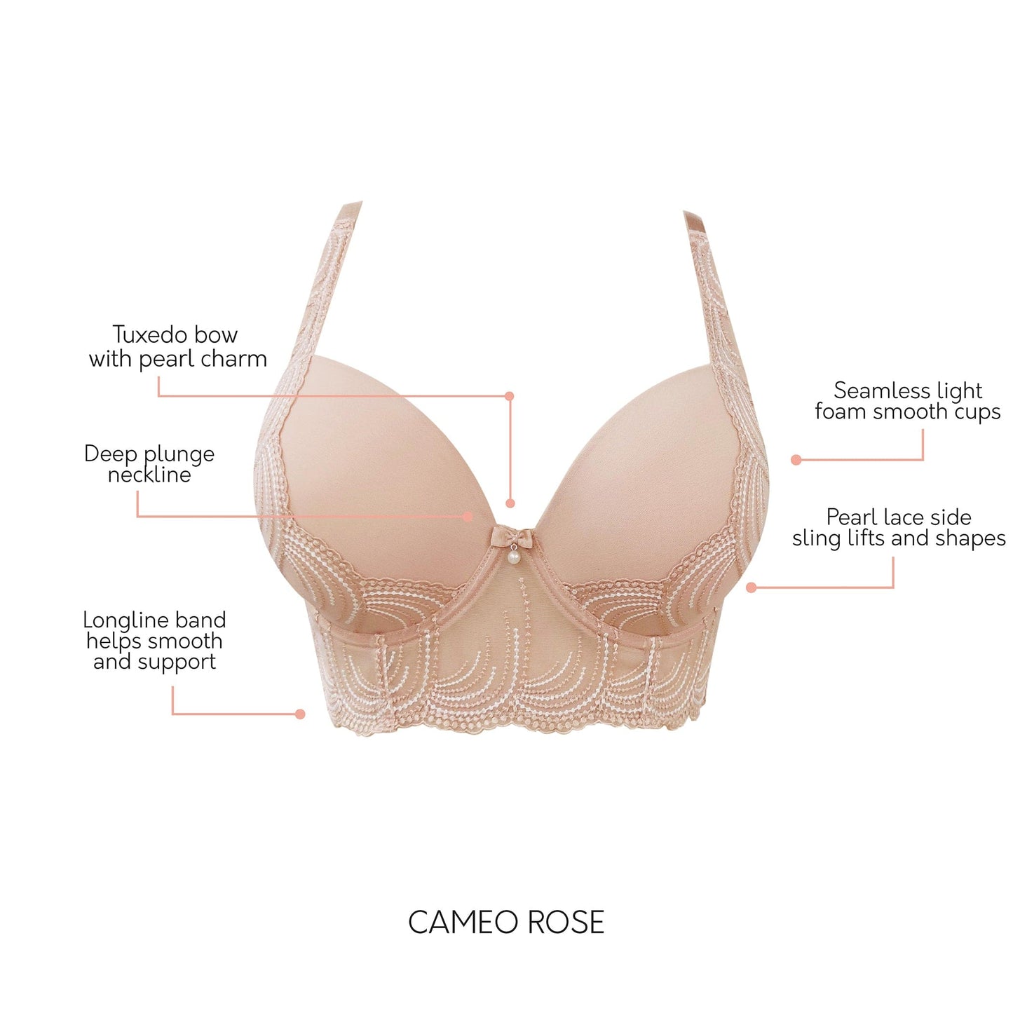 Pearl P6091 Women's Longline Plunge Full Busted Bra  - Cameo Rose
