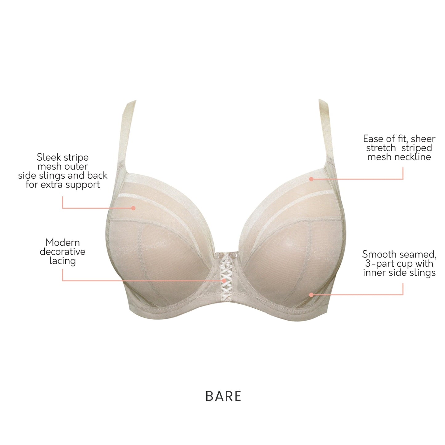 Shea P6062 Women's Full Bust Mesh Plunge Unlined Wired Bra - Bare