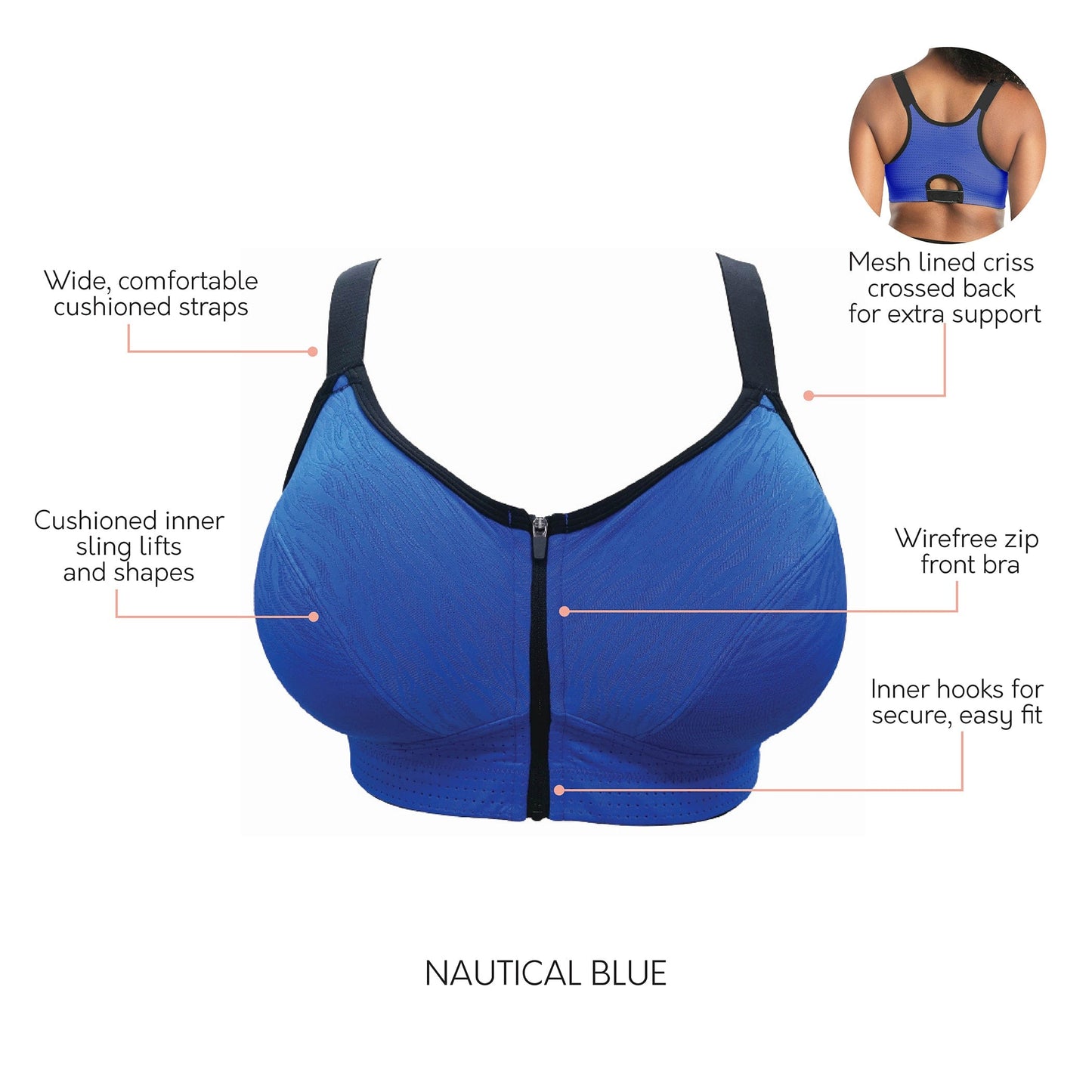 Wave P6052 Women's Wire-Free Front Closure Sports Bra - Nautical Blue